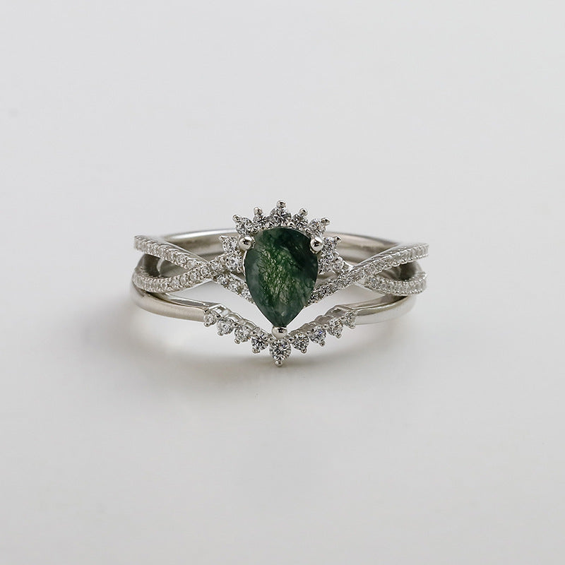 Moss Agate Pear Shape Ring Set