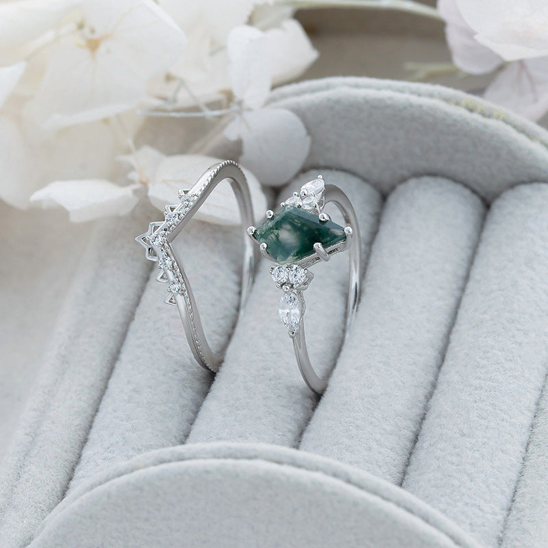 Moss Agate Crown Ring Set