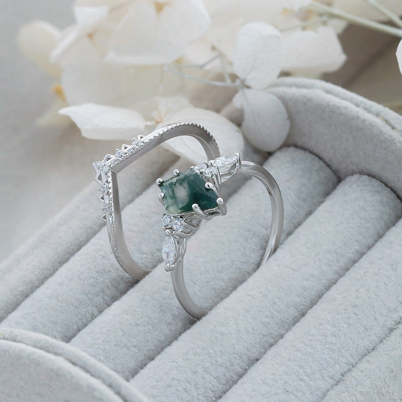 Moss Agate Crown Ring Set