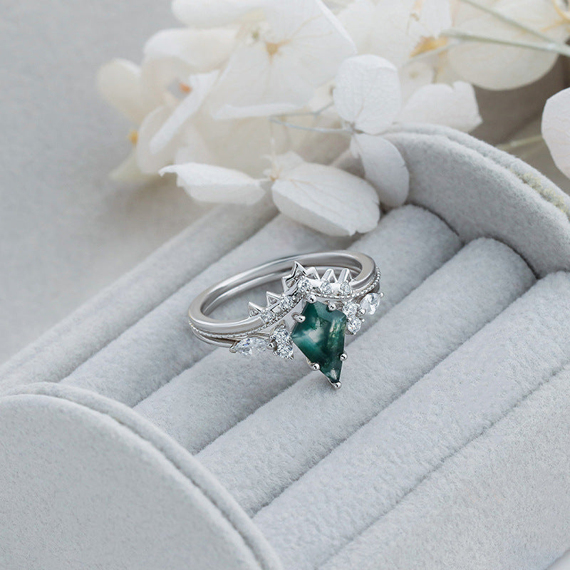 Moss Agate Crown Ring Set