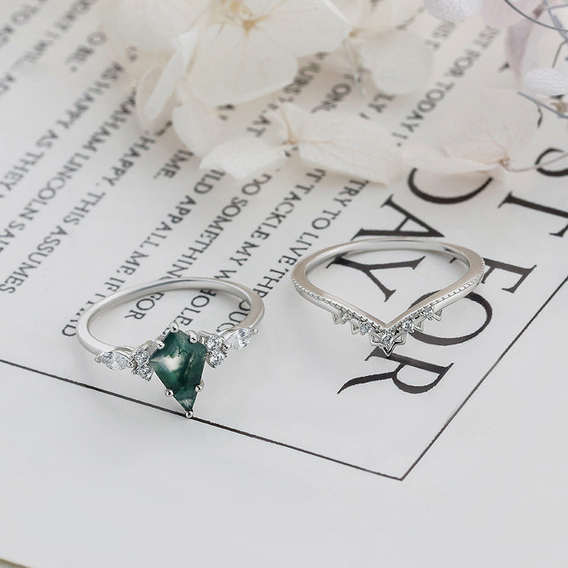 Moss Agate Crown Ring Set
