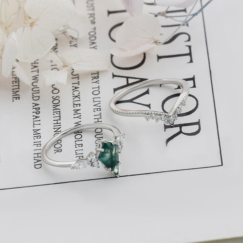 Moss Agate Crown Ring Set