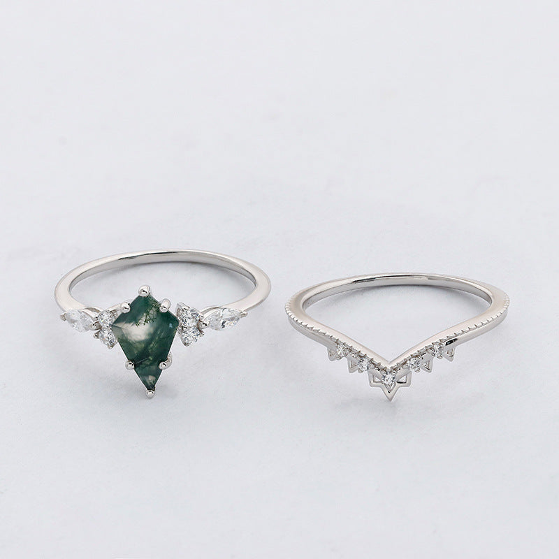 Moss Agate Crown Ring Set