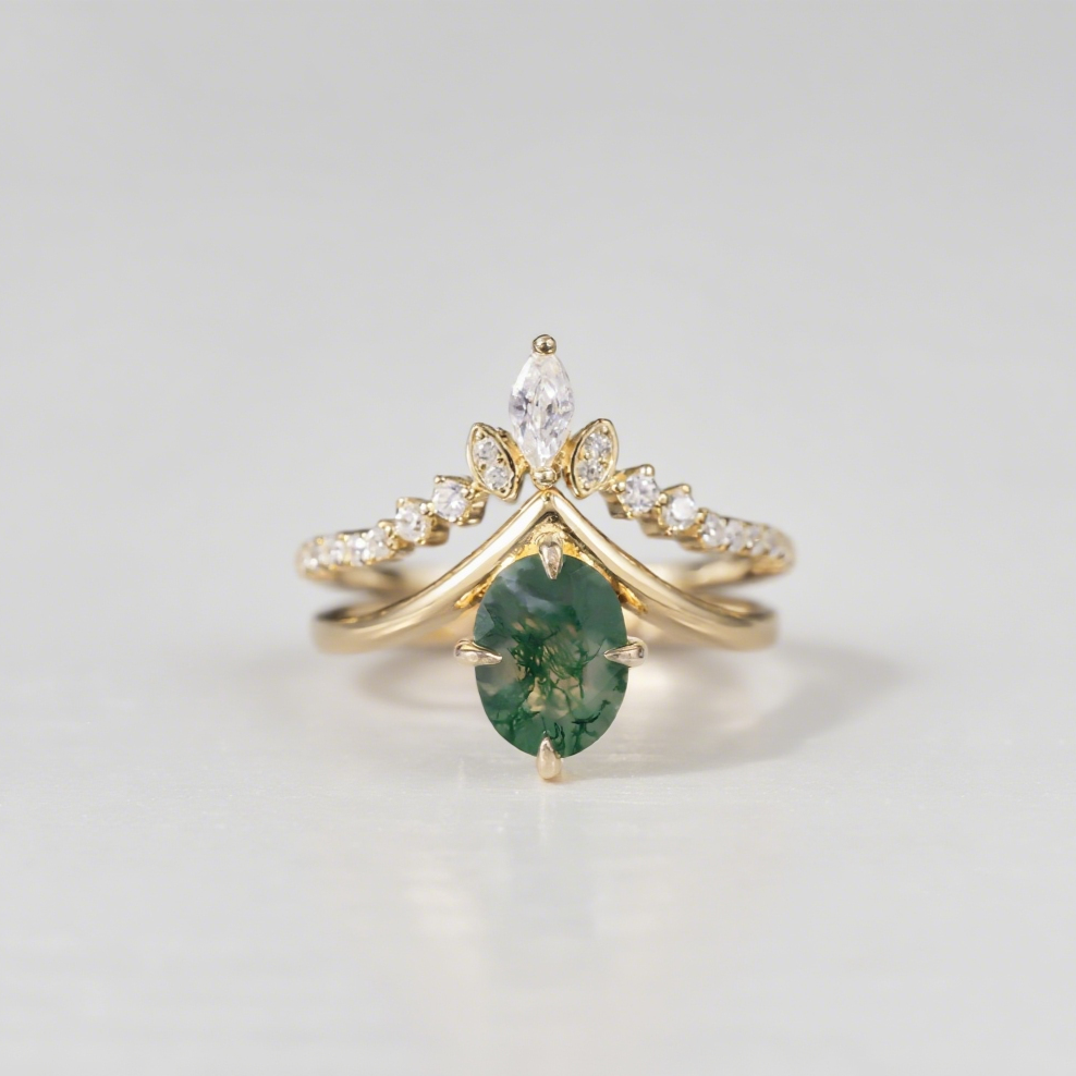 Verdant Crown Moss Agate Ring Set
