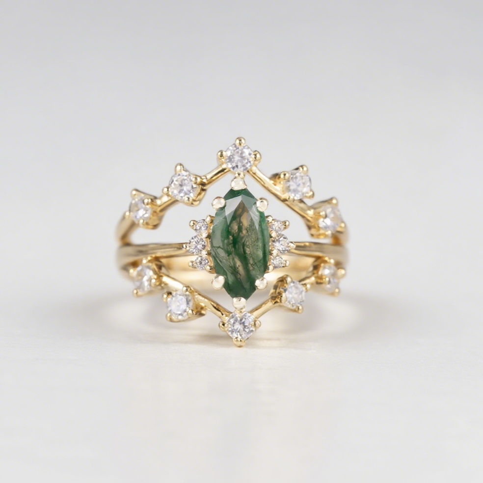 Forest Crown Moss Agate Ring Set