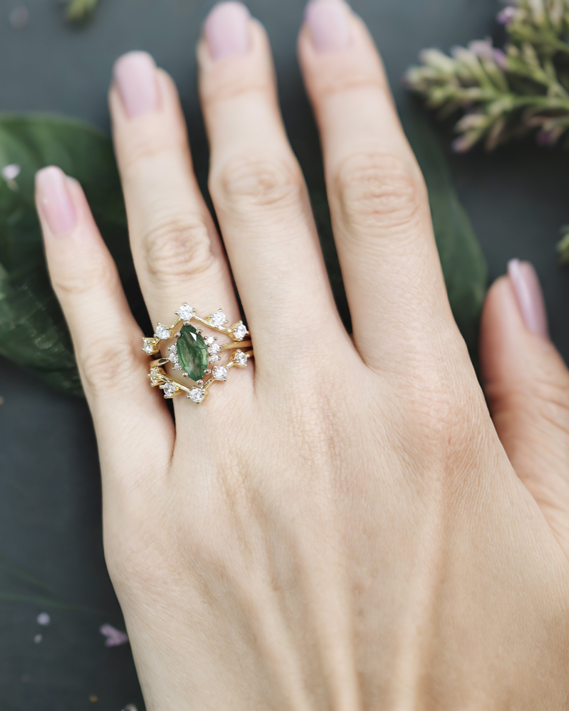 Forest Crown Moss Agate Ring Set
