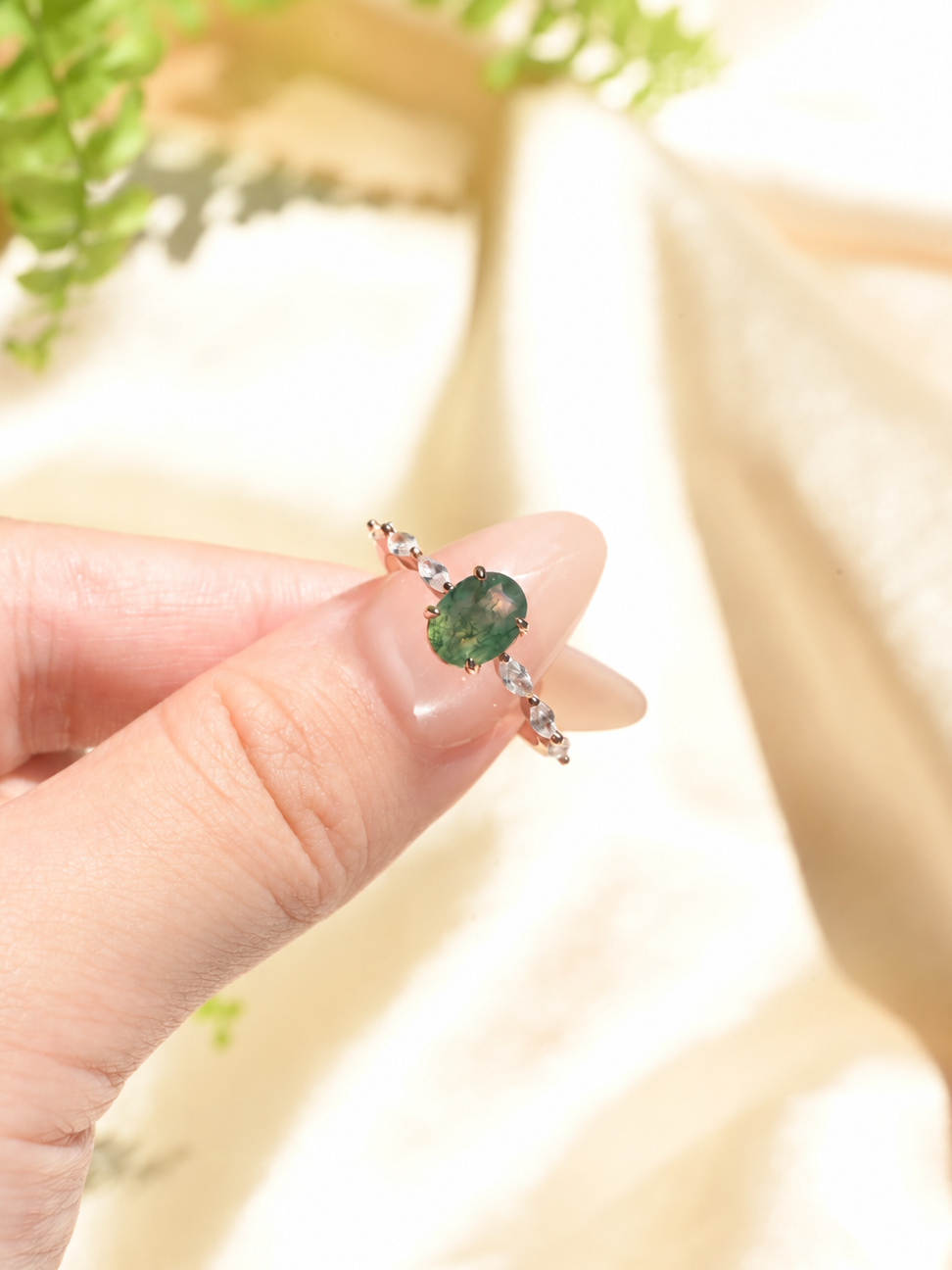 Oval Moss Agate Leaf Accent Ring
