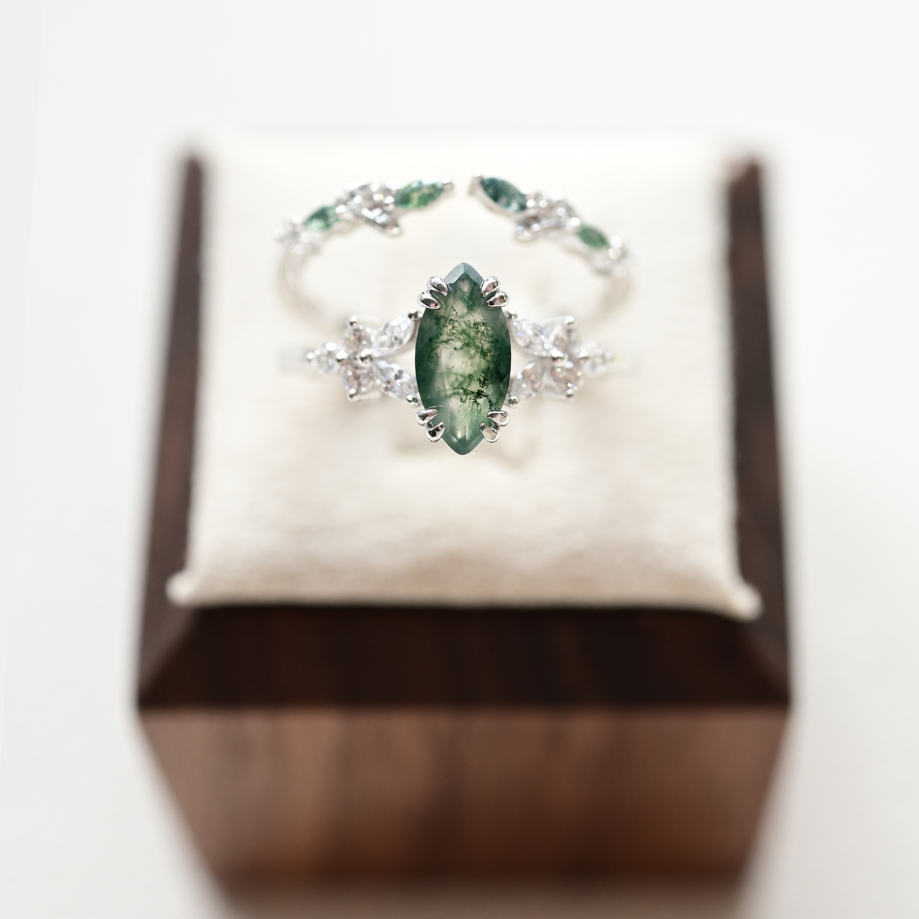 Wreath Marquise Cut Moss Agate Stacking Ring Set