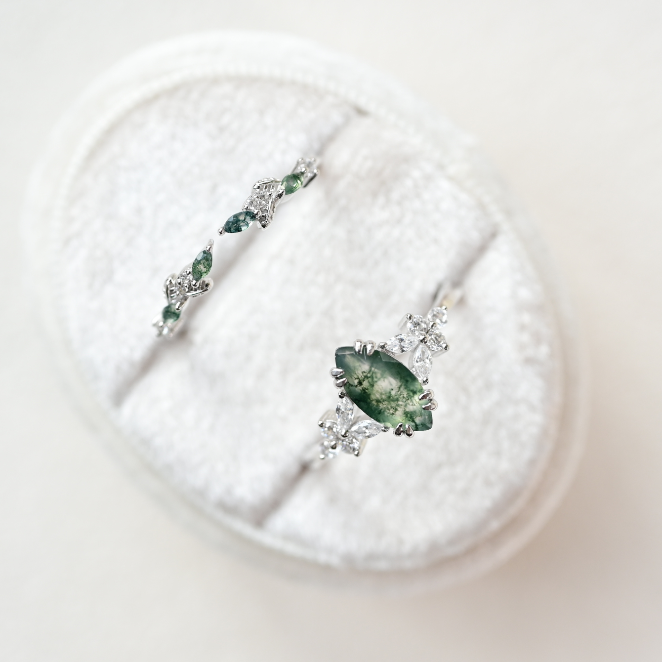 Wreath Marquise Cut Moss Agate Stacking Ring Set