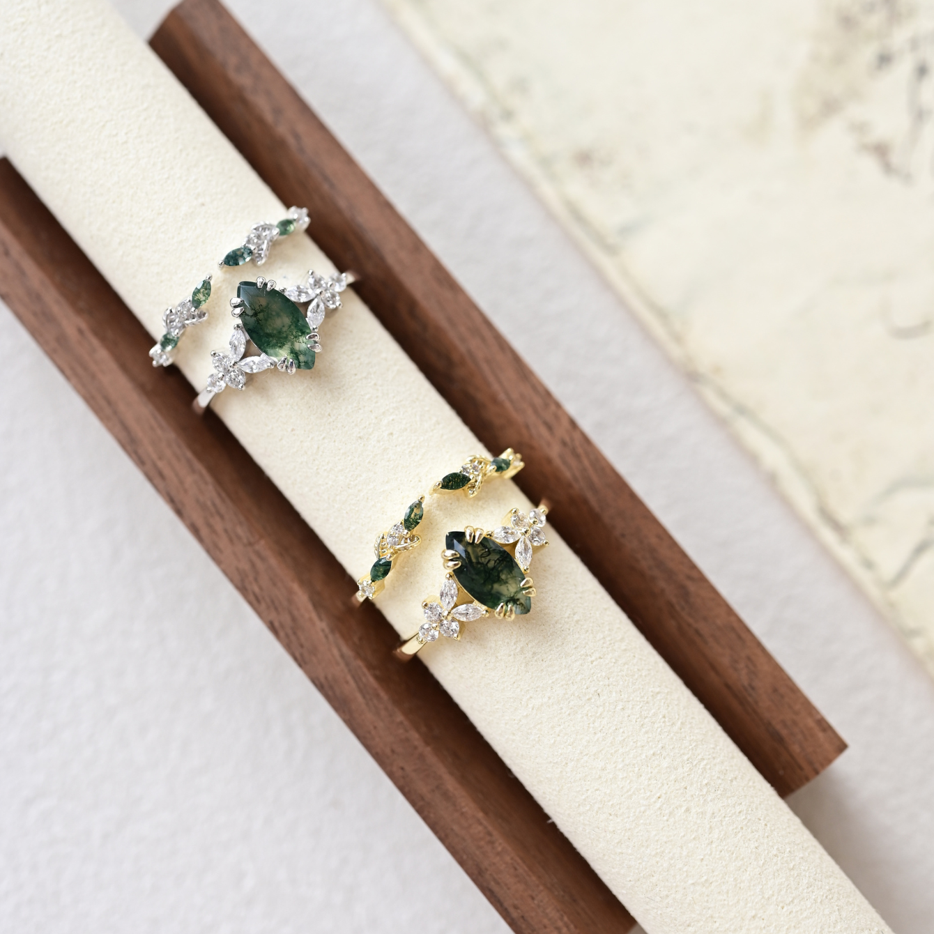 Wreath Marquise Cut Moss Agate Stacking Ring Set