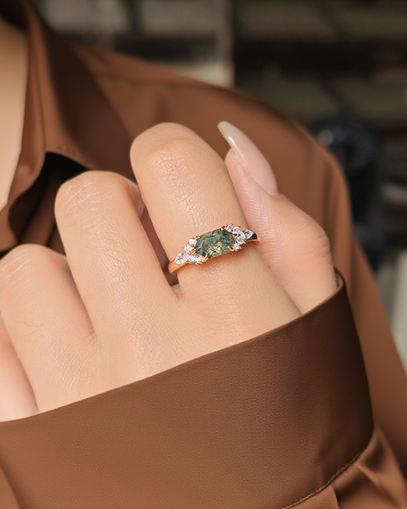 Verdant Hex Moss Agate Ring
