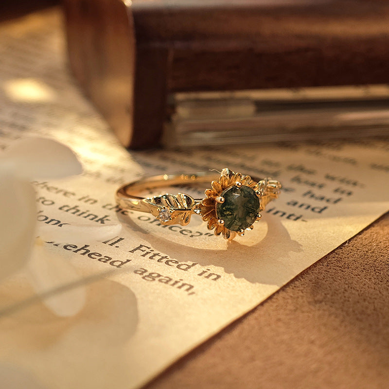 Sunflower Bloom Round Cut Moss Agate Ring