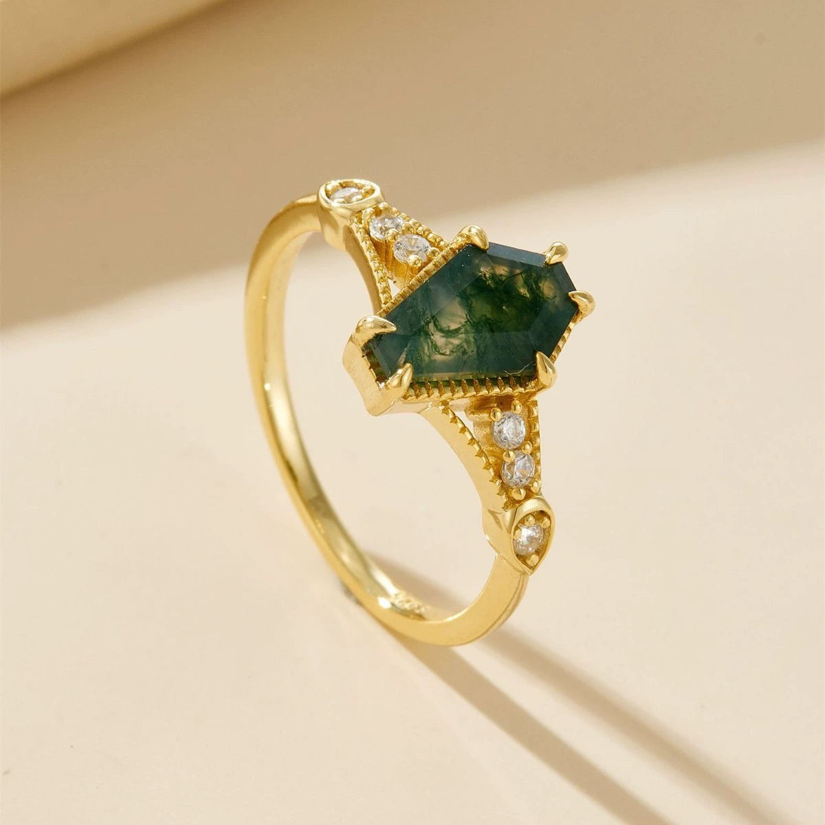 Coffin Cut Moss Agate Stacking Ring Set