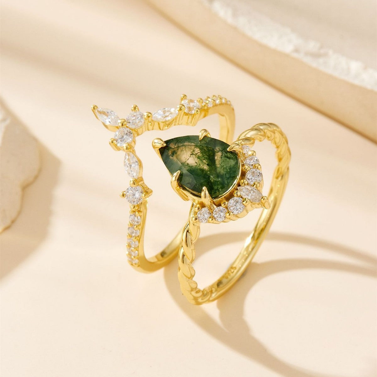 Pear Cut Moss Agate Stacking Ring Set