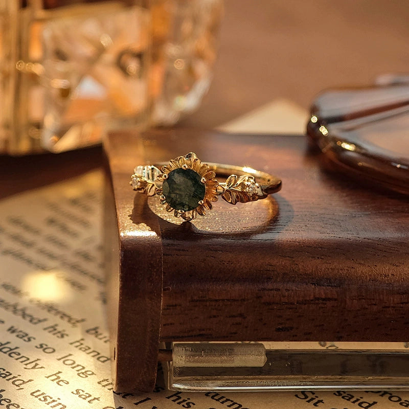 Sunflower Bloom Round Cut Moss Agate Ring
