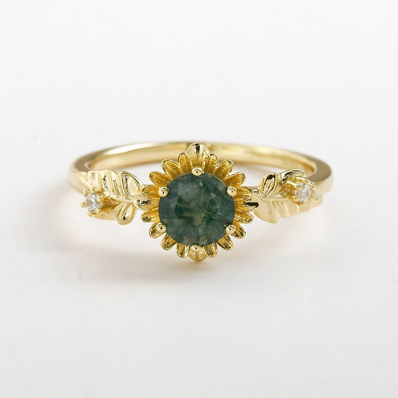 Sunflower Bloom Round Cut Moss Agate Ring