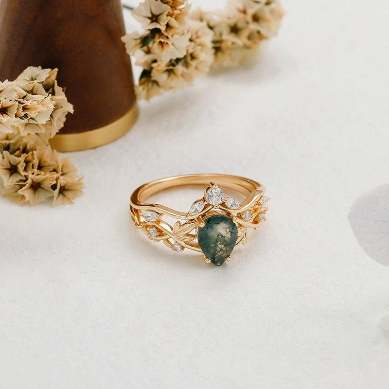 Vine Motif Pear Cut Moss Agate Stacking Ring Set