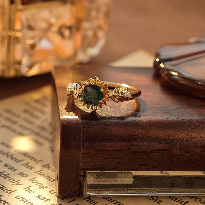 Sunflower Bloom Round Cut Moss Agate Ring