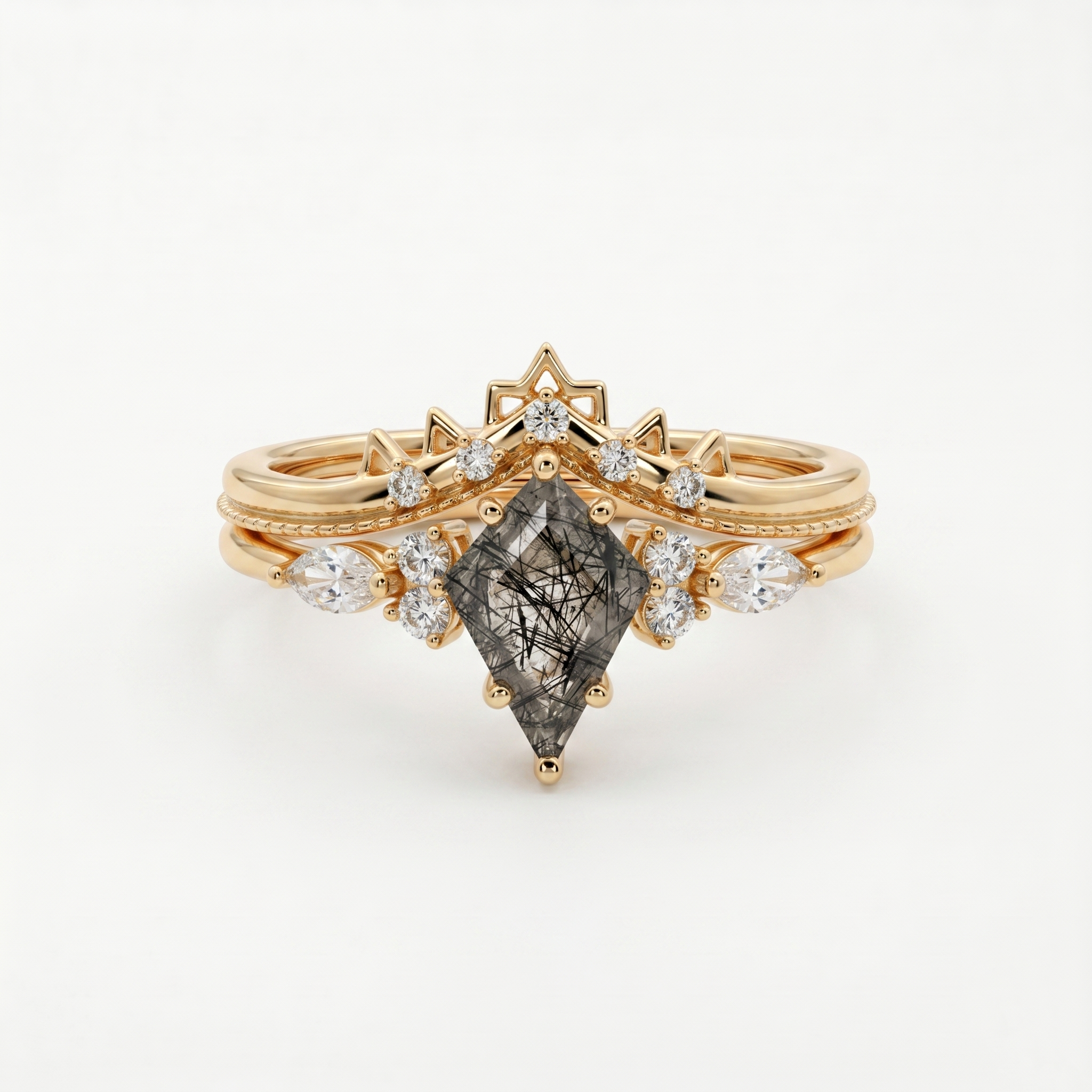 Conjunto de anillos corona de cuarzo rutilado negro