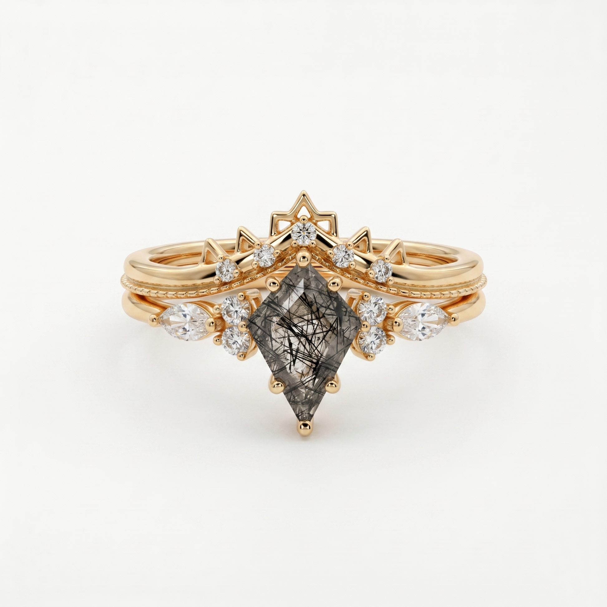 Conjunto de anillos corona de cuarzo rutilado negro