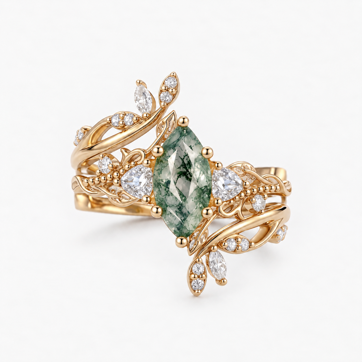 Vintage Marquise-Cut Moss Agate Vine Ring Set