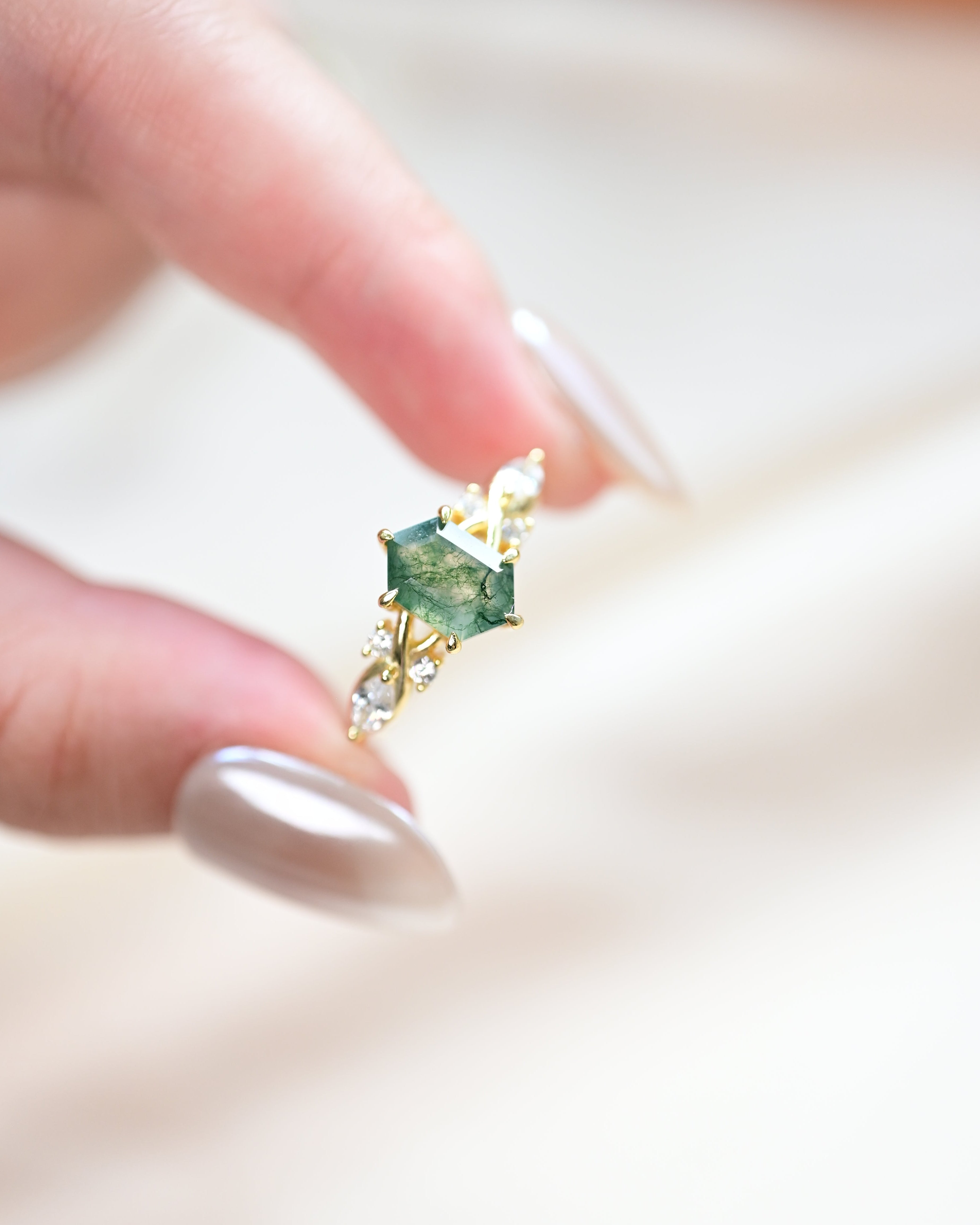 Hexagon Cut Natural Moss Agate Ring