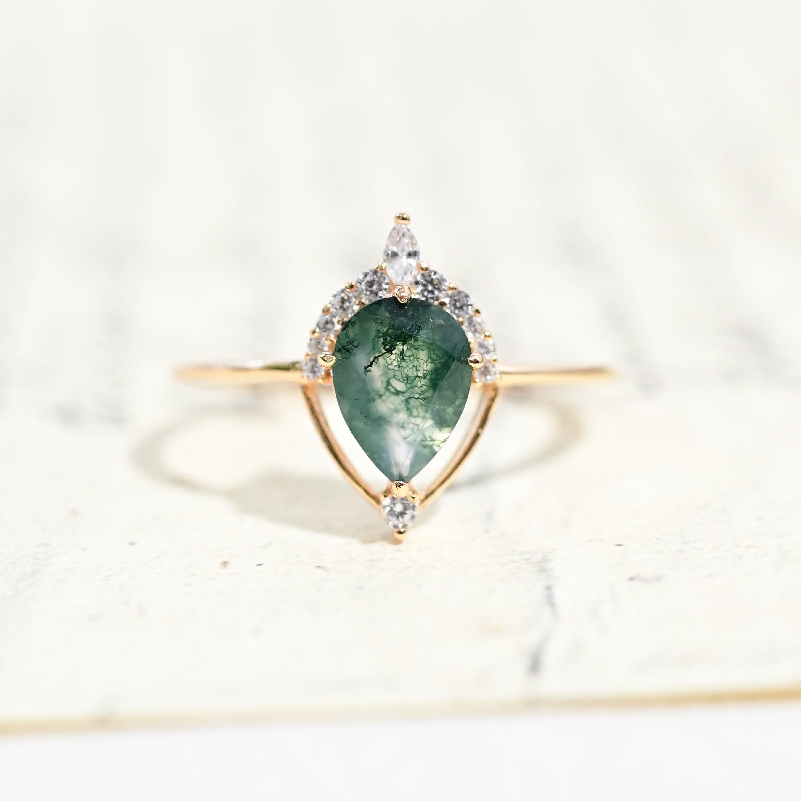 Minimalist Geometric Pear Cut Moss Agate Ring