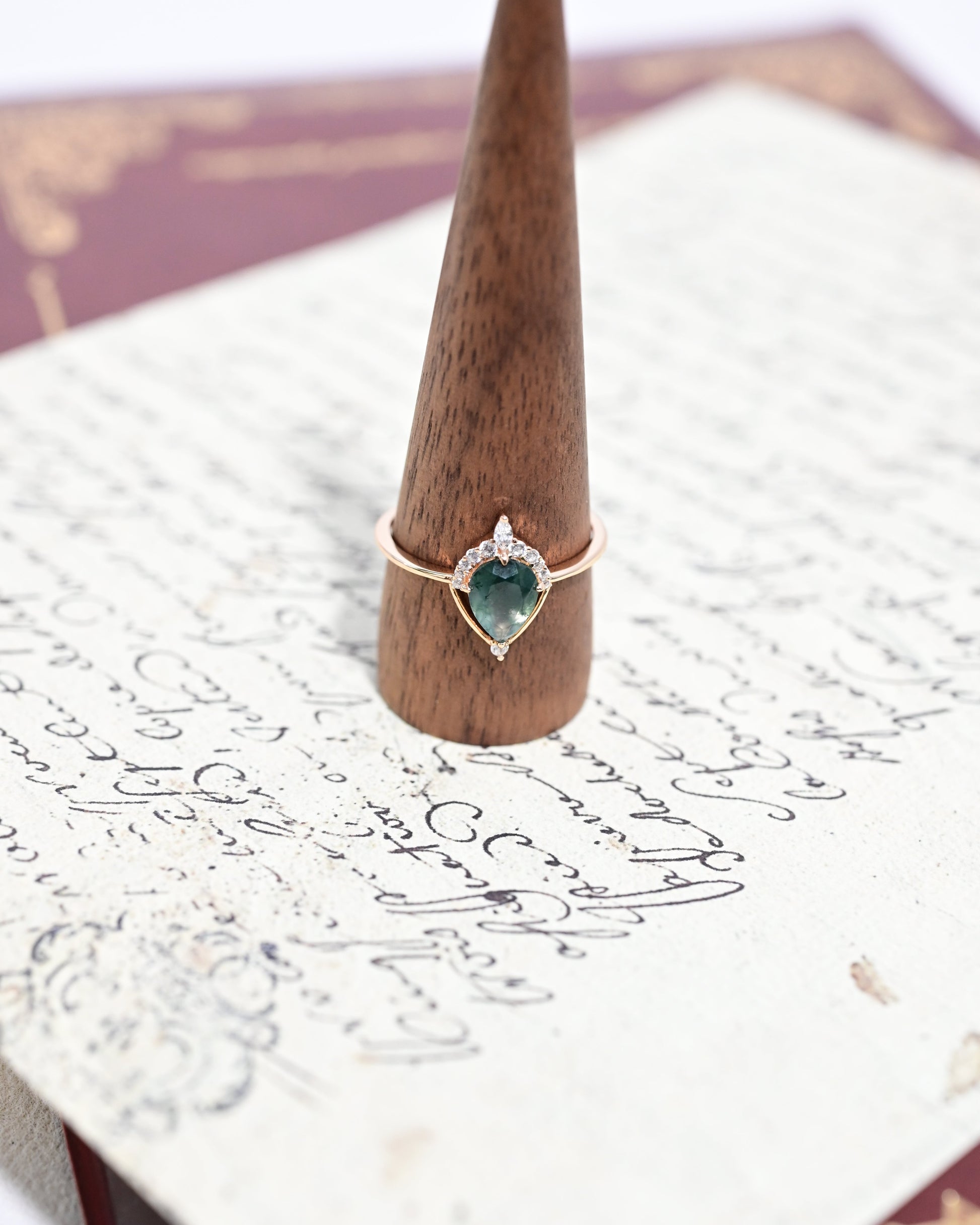 Minimalist Geometric Pear Cut Moss Agate Ring