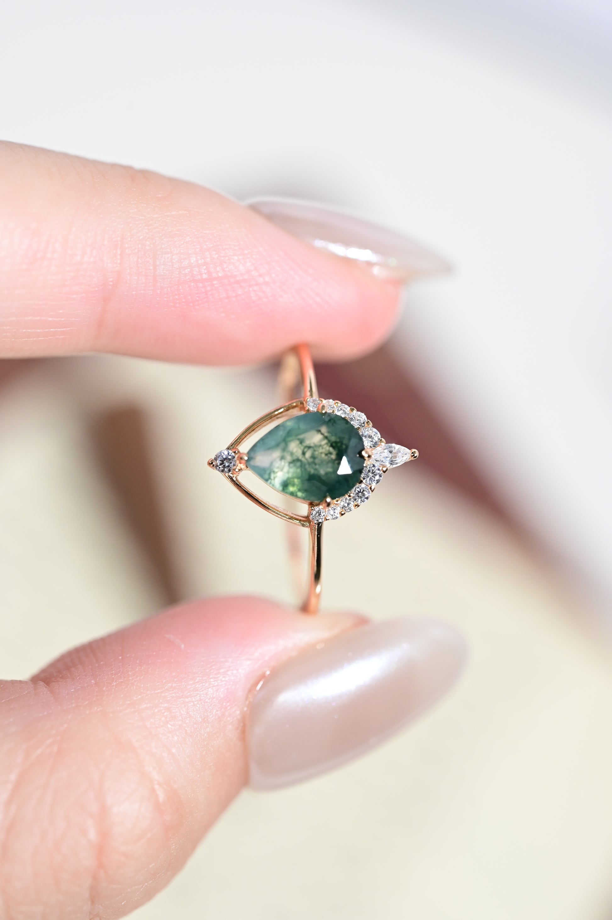 Minimalist Geometric Pear Cut Moss Agate Ring