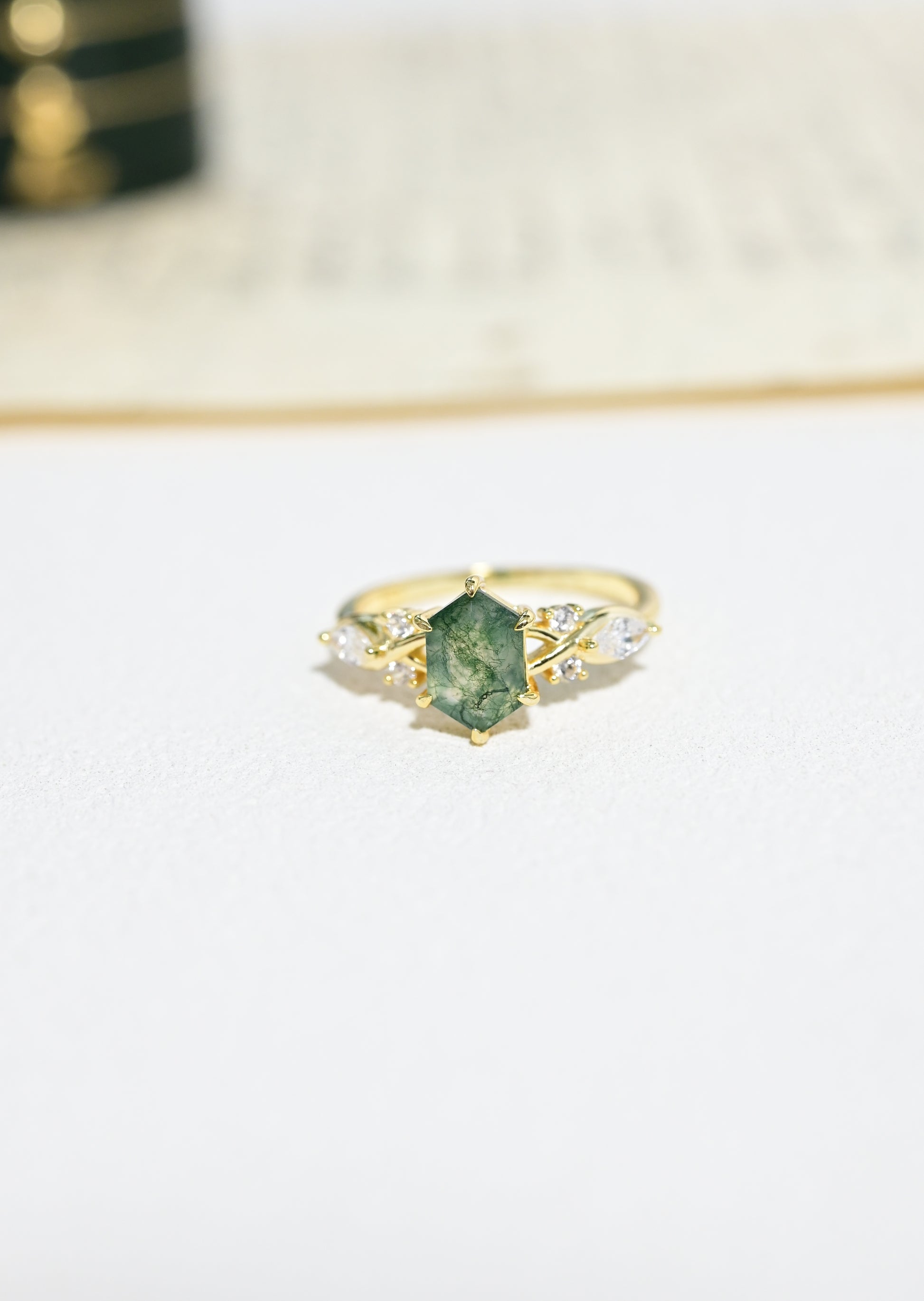 Hexagon Cut Natural Moss Agate Ring