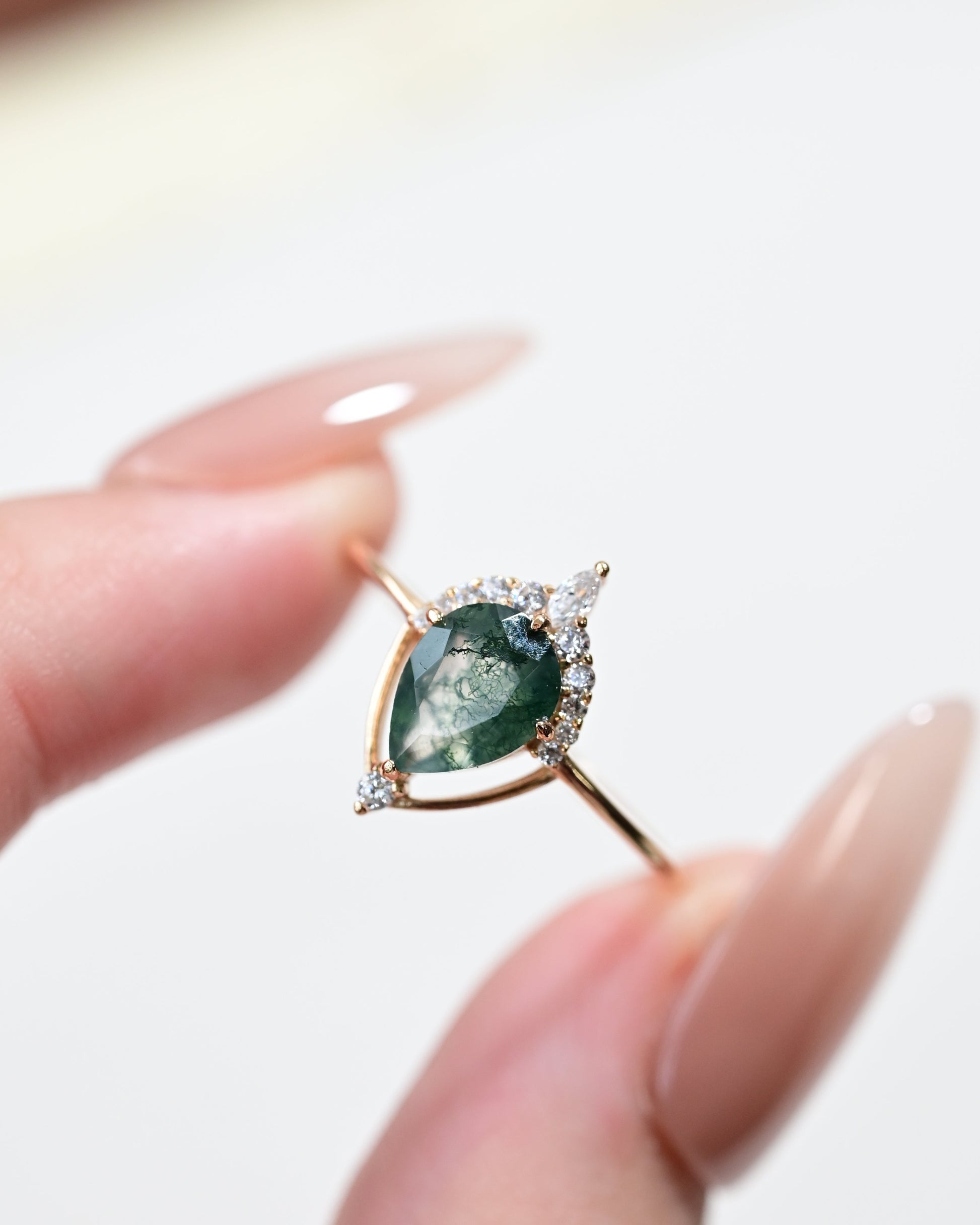 Minimalist Geometric Pear Cut Moss Agate Ring