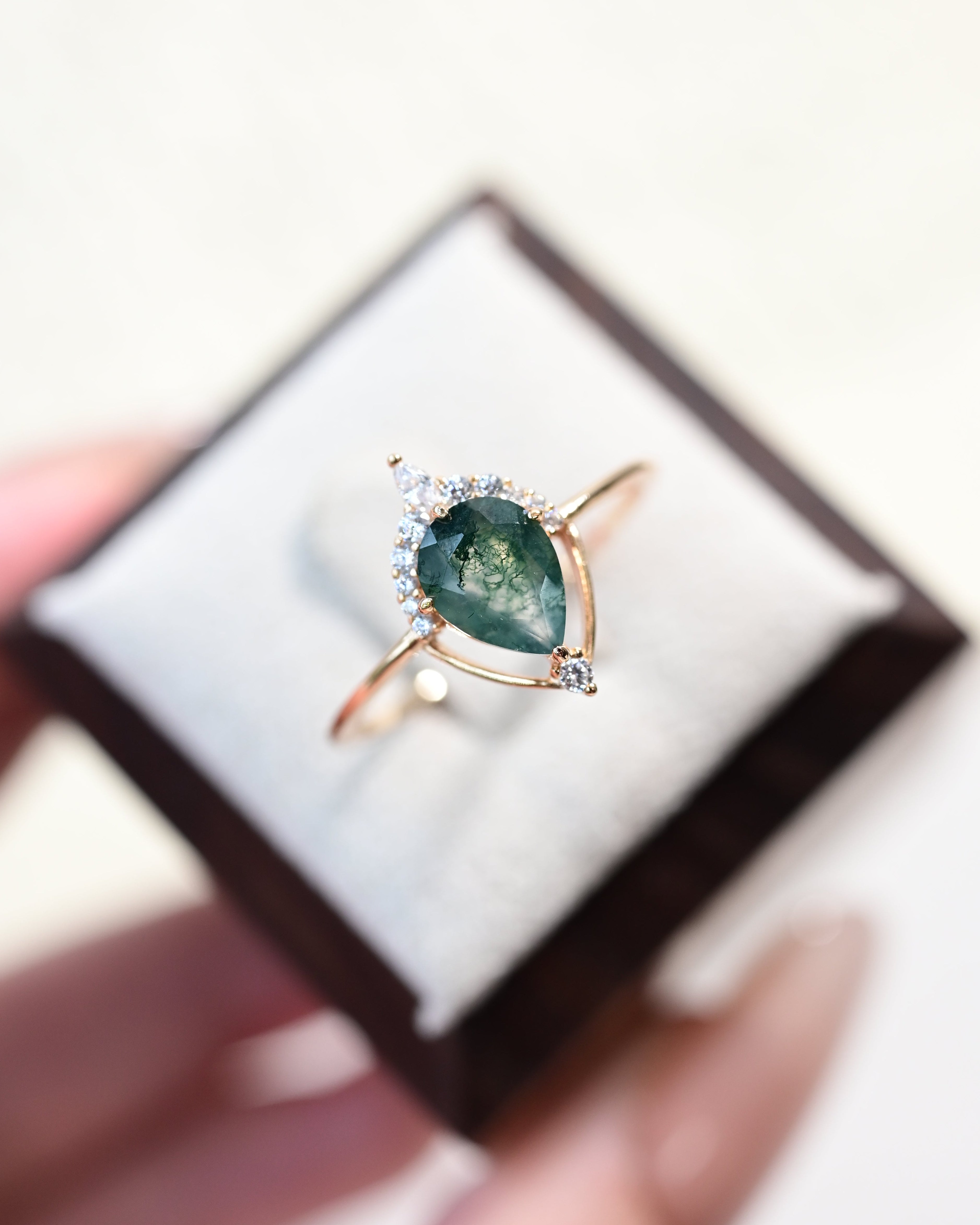Minimalist Geometric Pear Cut Moss Agate Ring