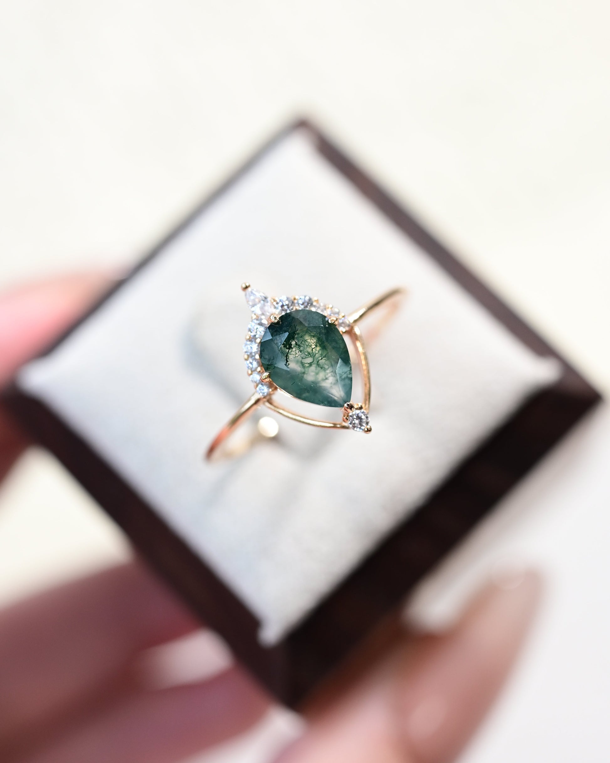 Minimalist Geometric Pear Cut Moss Agate Ring