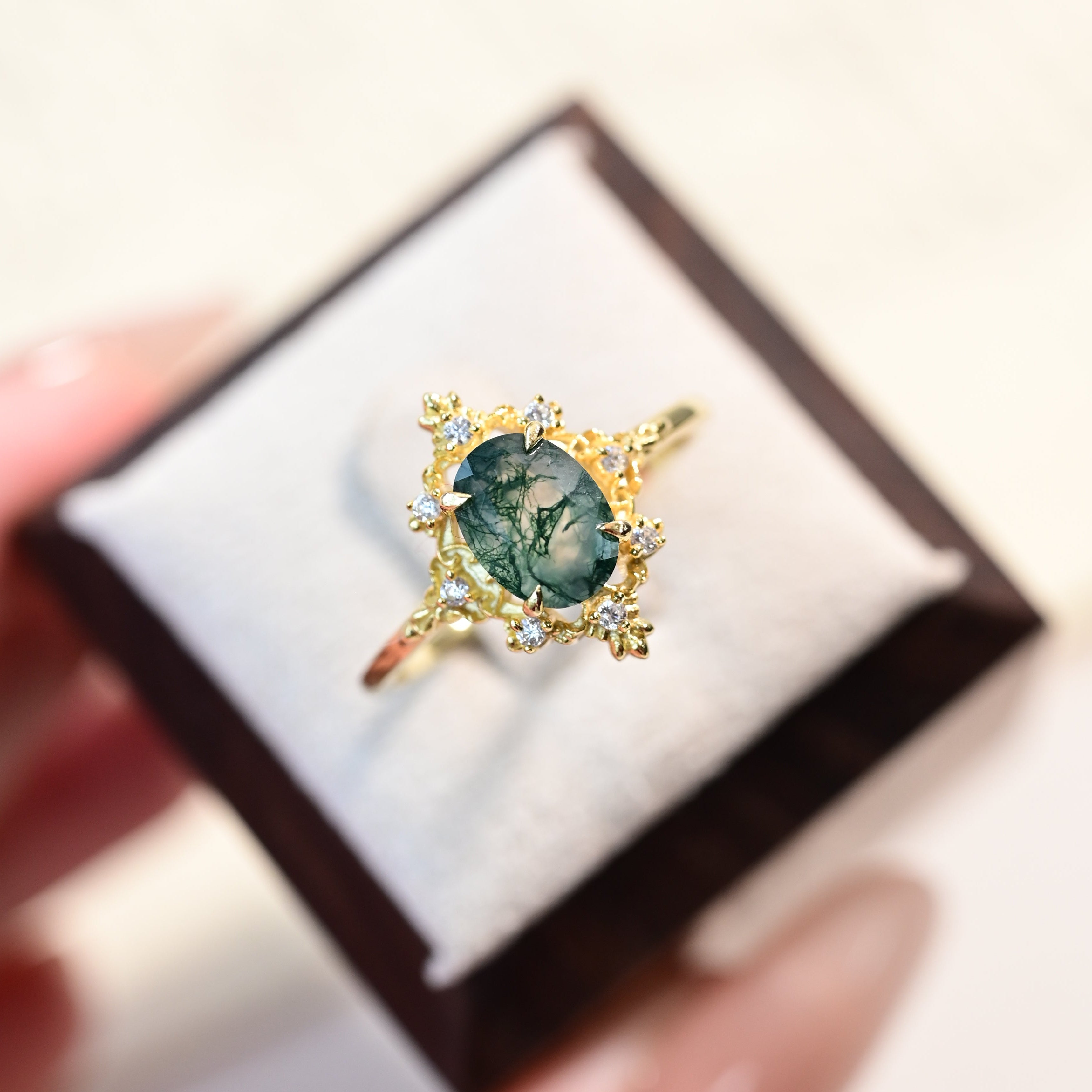 Vintage Oval Cut Moss Agate Crown Ring