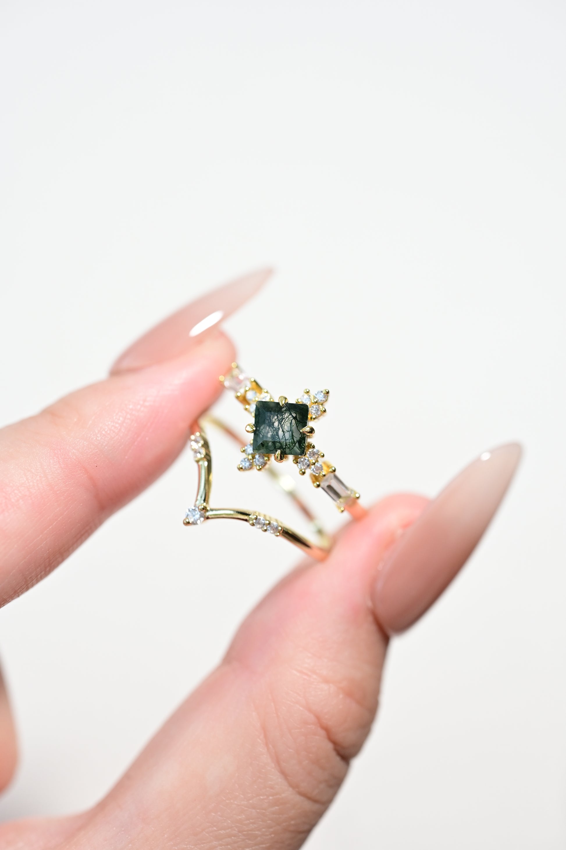 Square Cut Moss Agate Stacking Ring Set