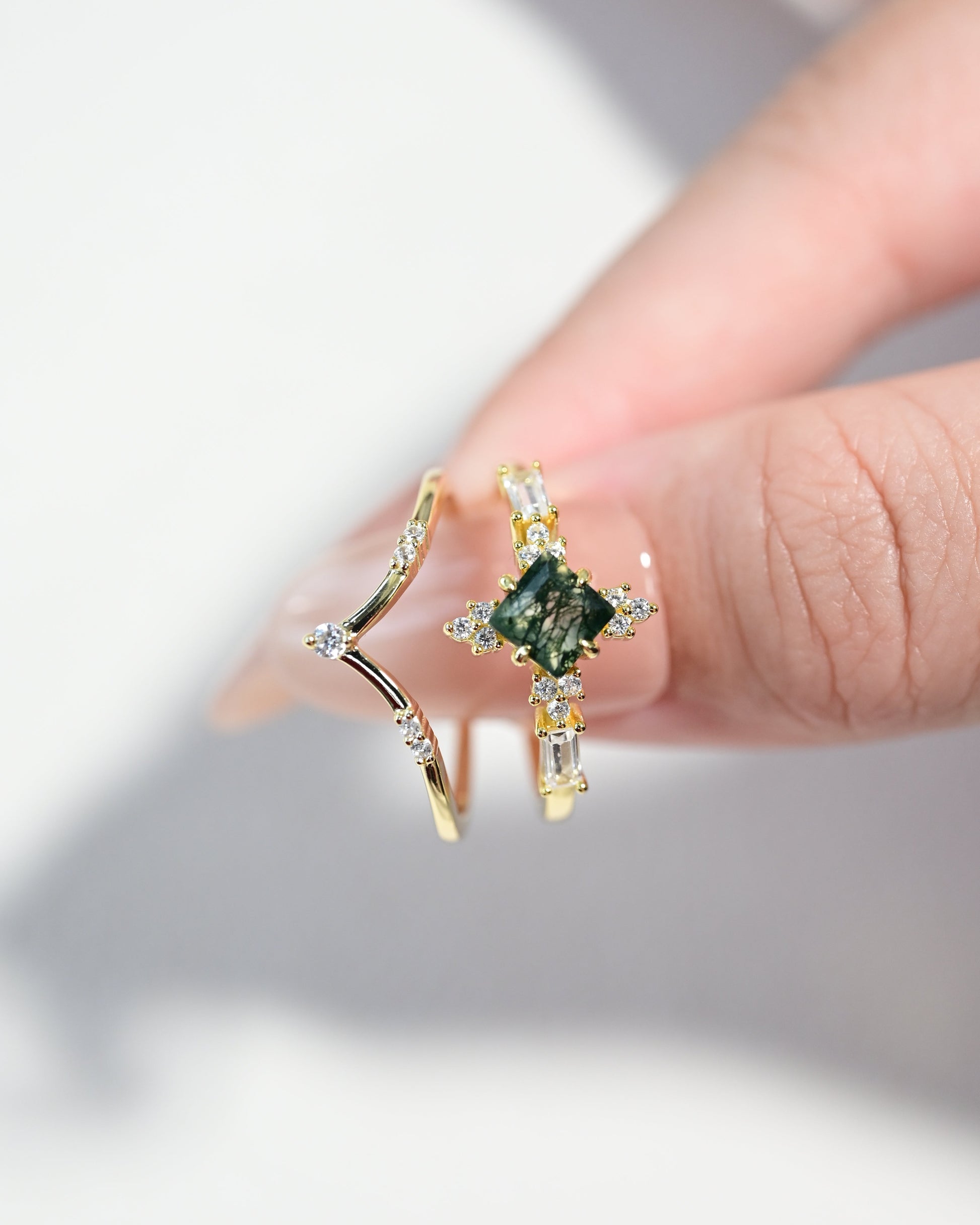 Square Cut Moss Agate Stacking Ring Set