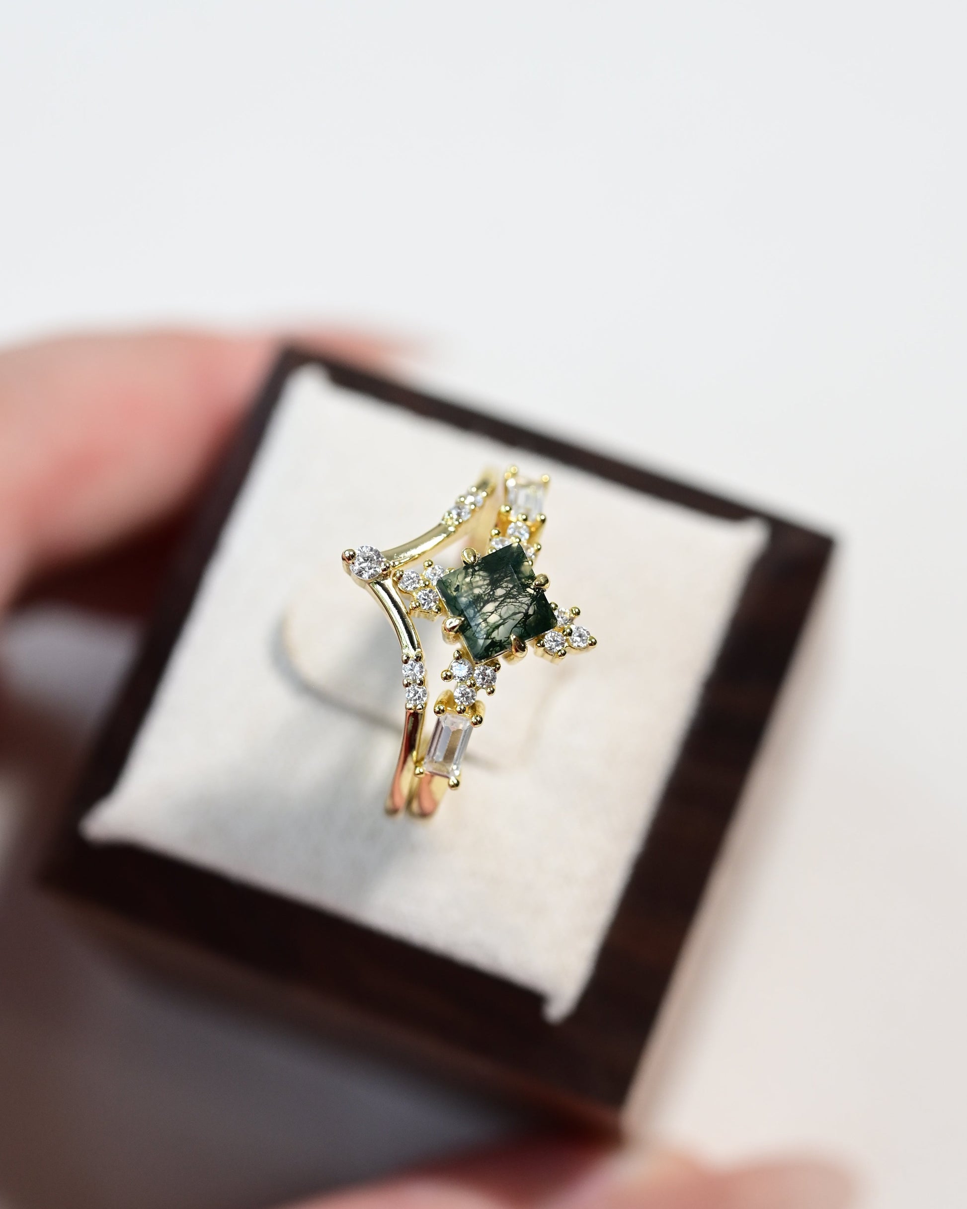 Square Cut Moss Agate Stacking Ring Set