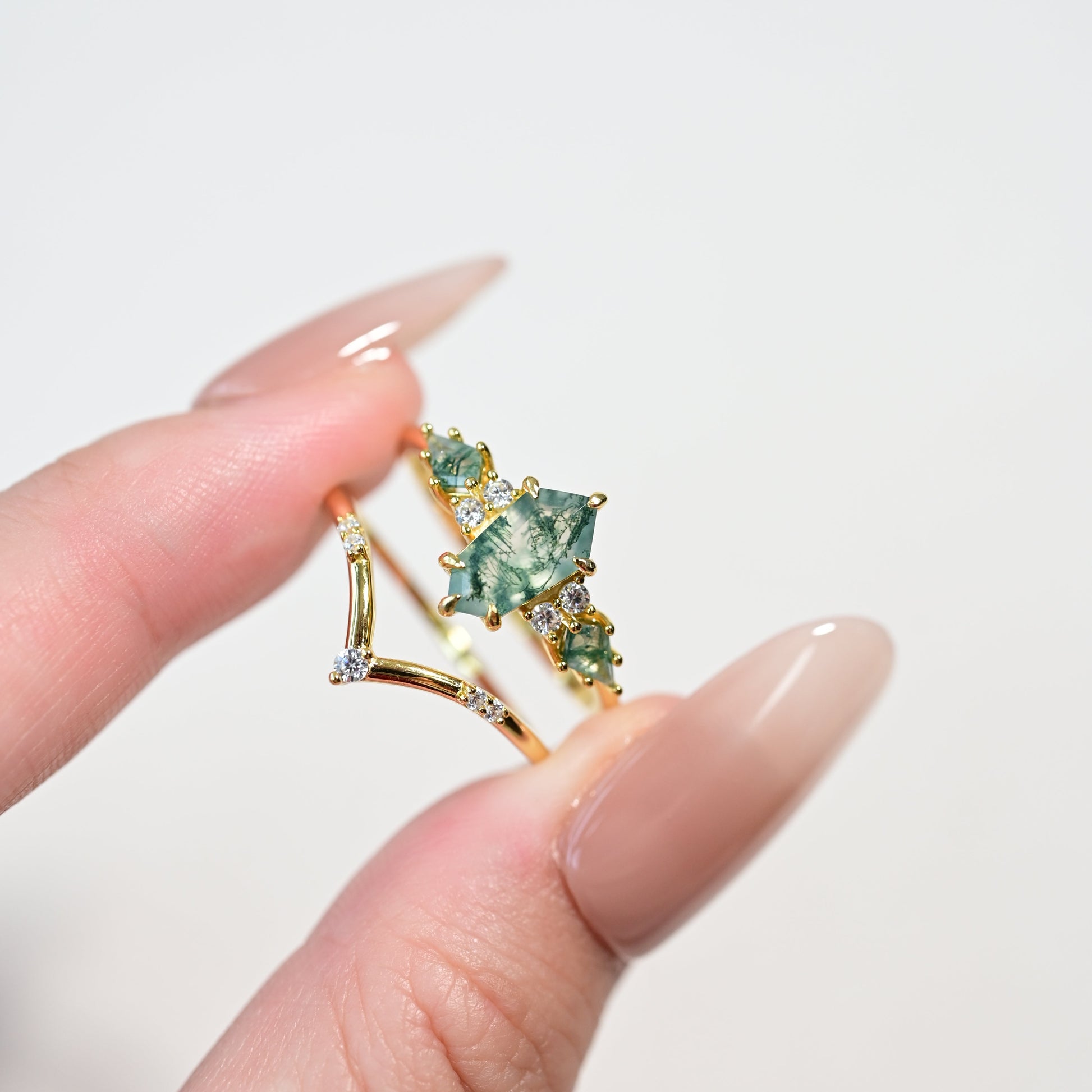 Modern Geometric Natural Moss Agate Stacking Ring Set