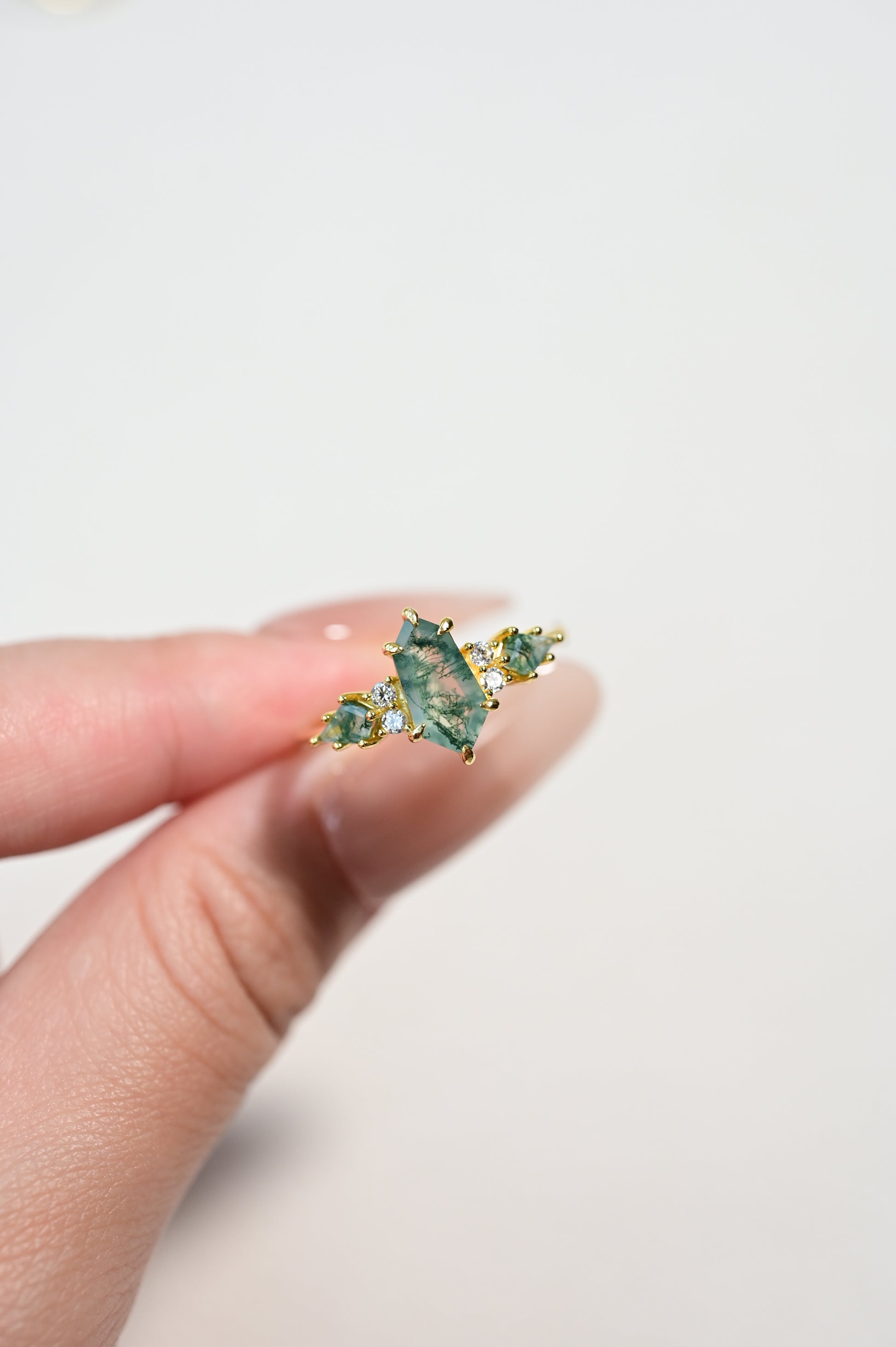 Modern Geometric Natural Moss Agate Stacking Ring Set