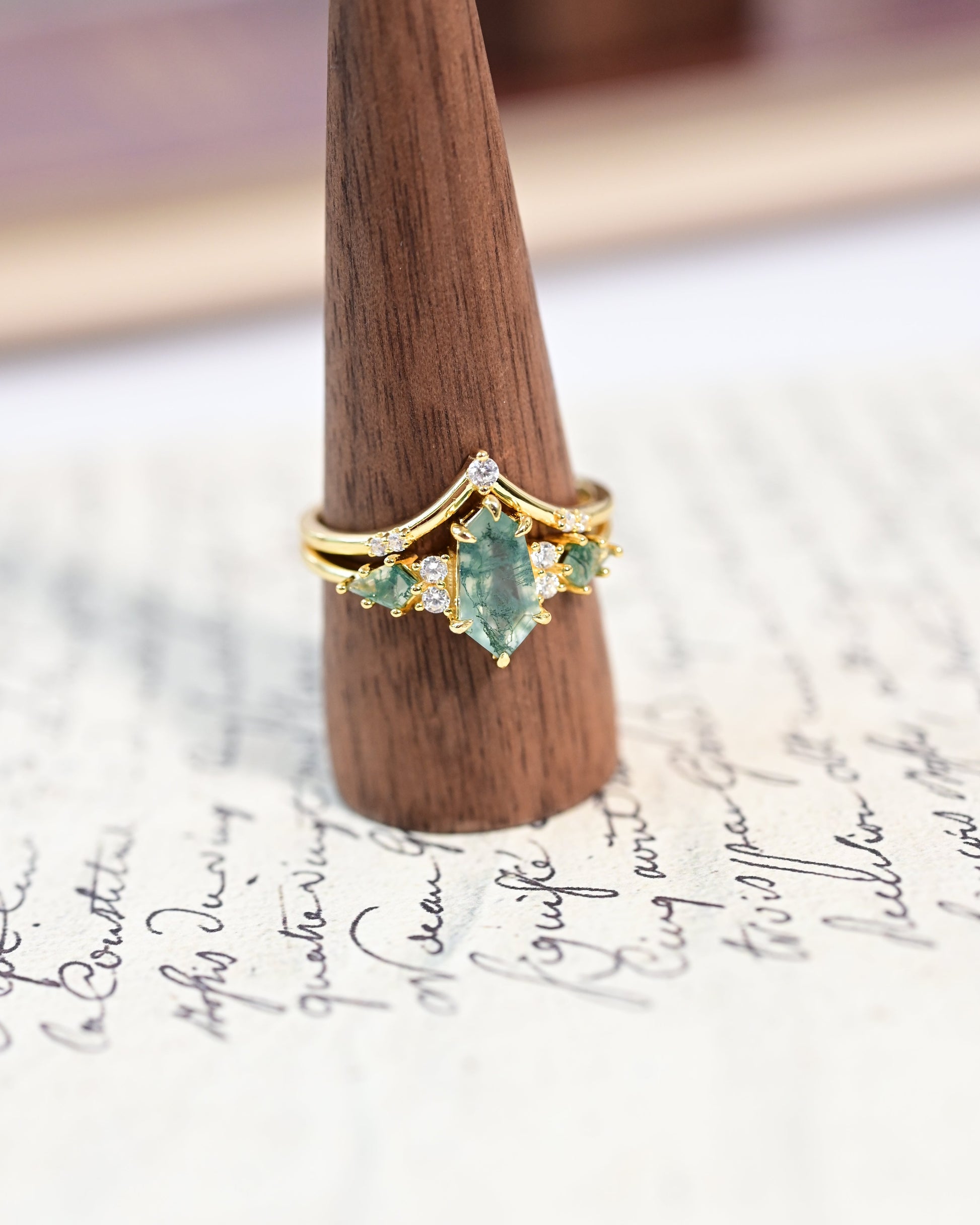 Modern Geometric Natural Moss Agate Stacking Ring Set