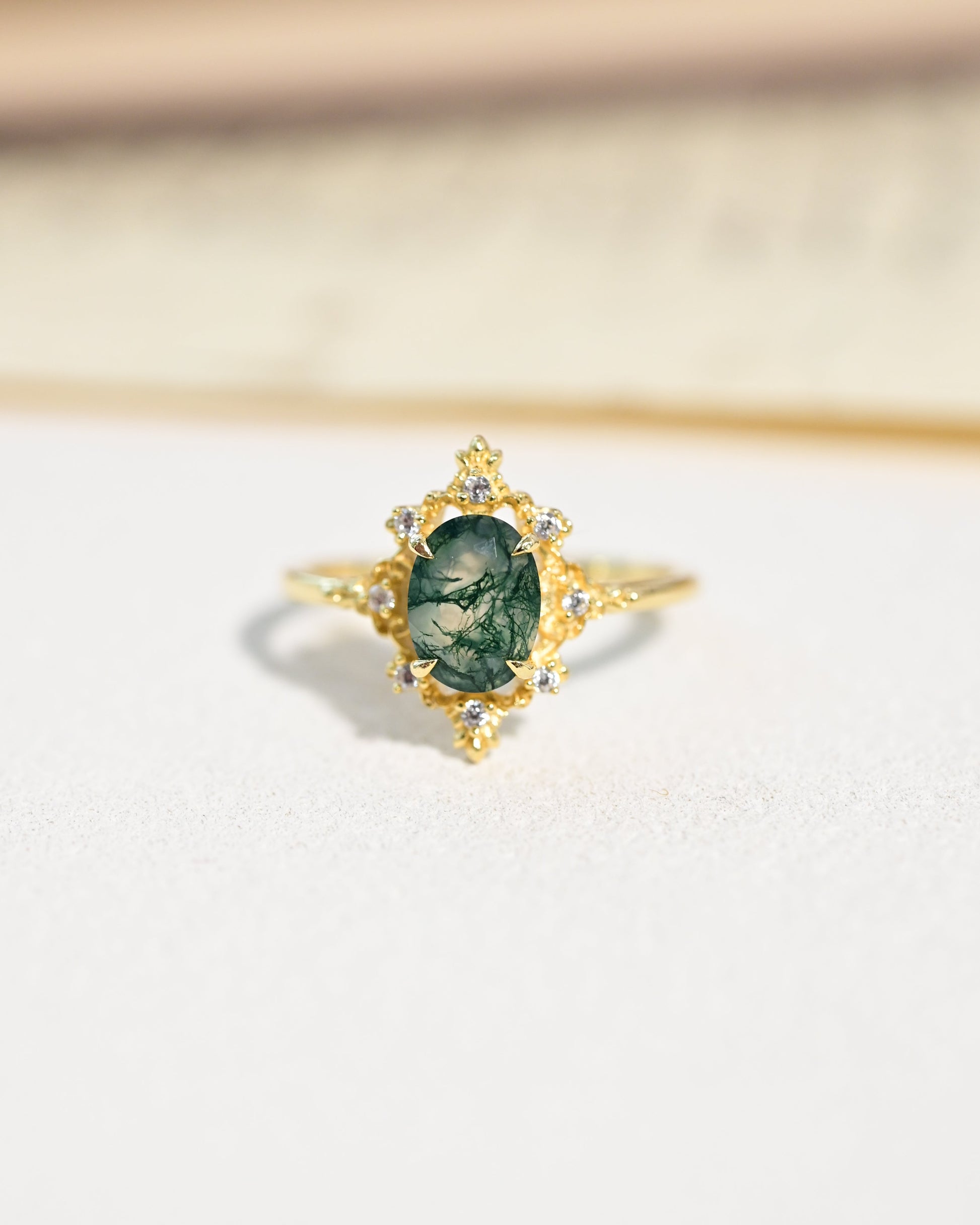 Vintage Oval Cut Moss Agate Crown Ring