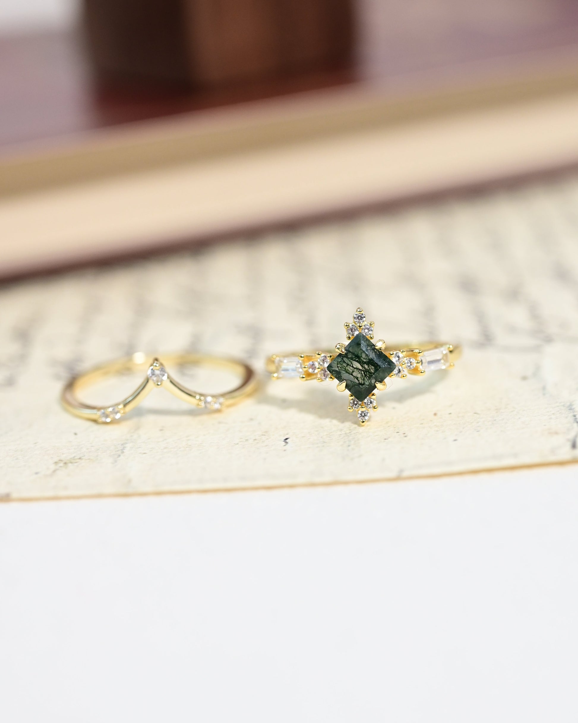 Square Cut Moss Agate Stacking Ring Set