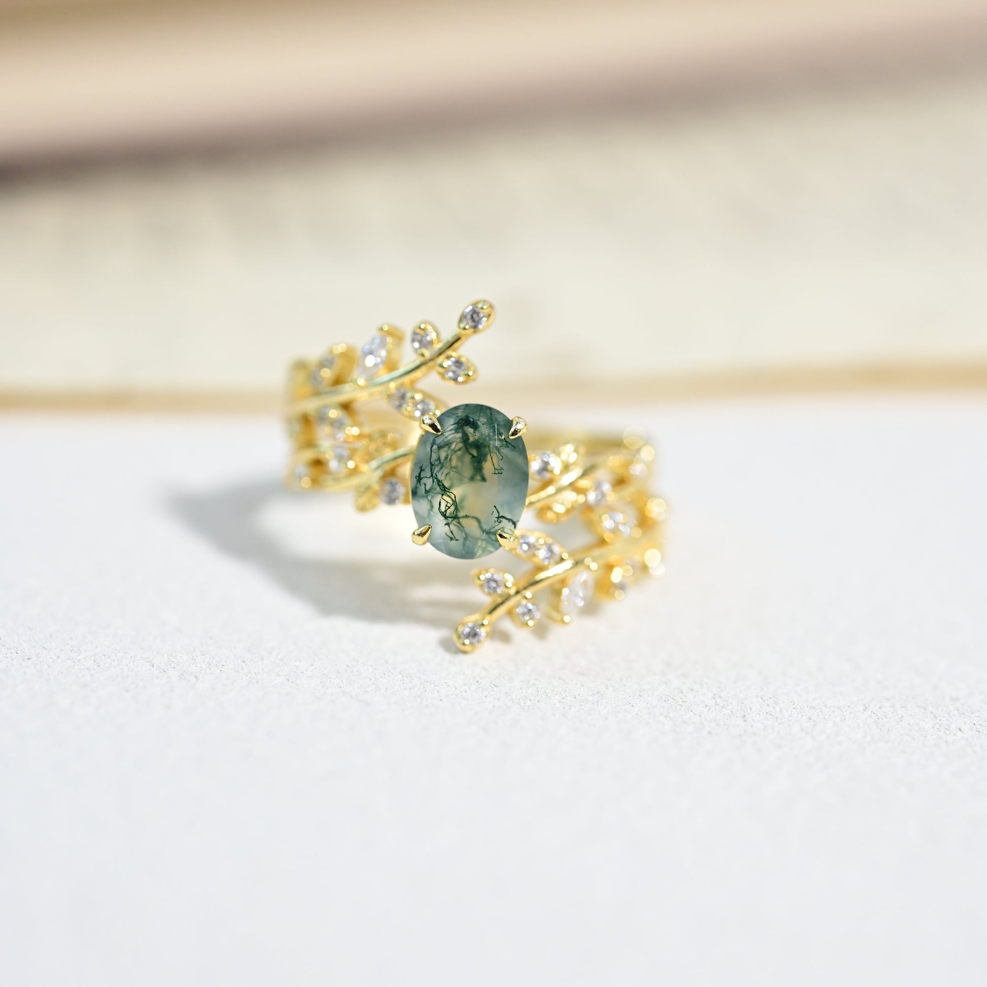 Forest Whisper Oval Cut Moss Agate Stacking Ring Set