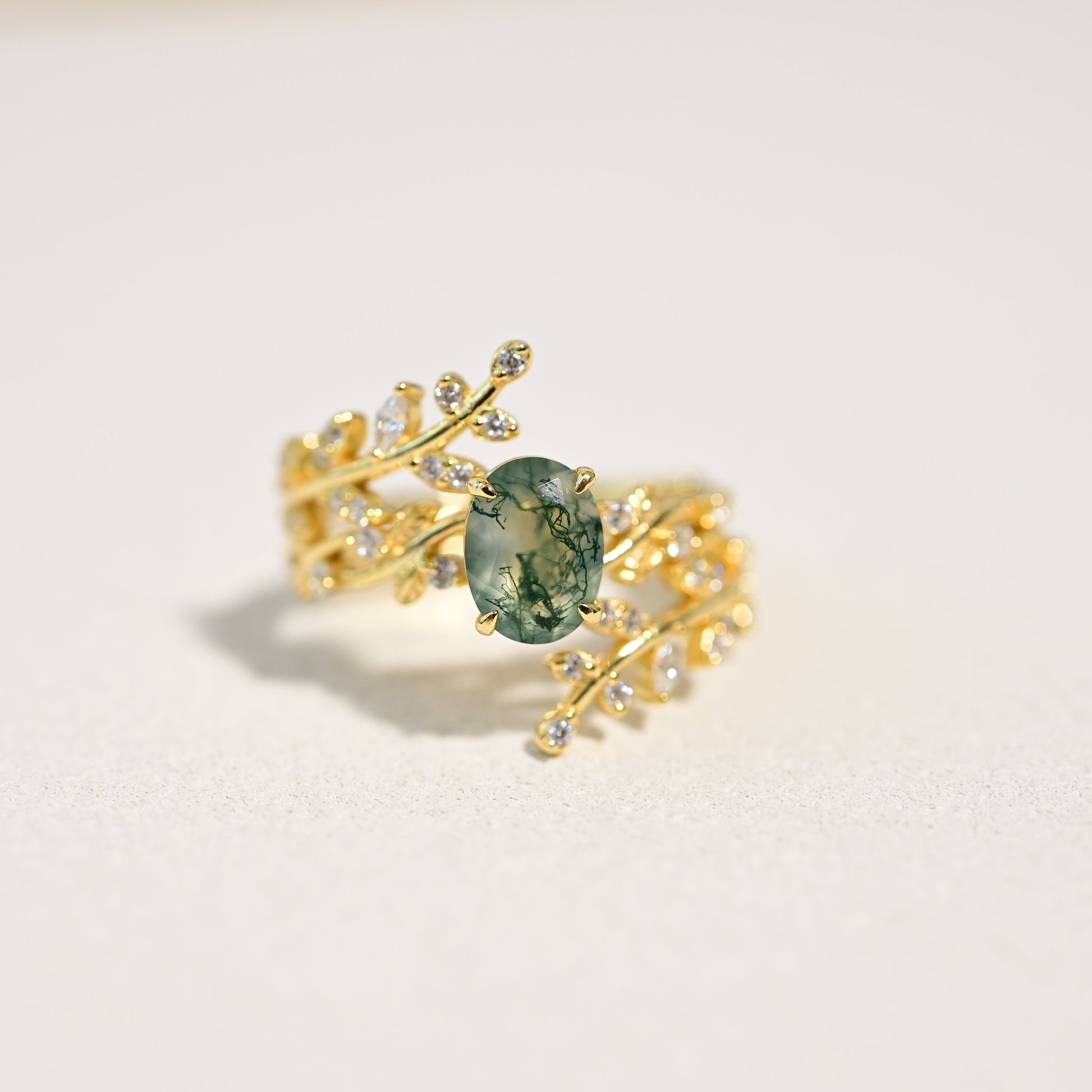 Forest Whisper Oval Cut Moss Agate Stacking Ring Set