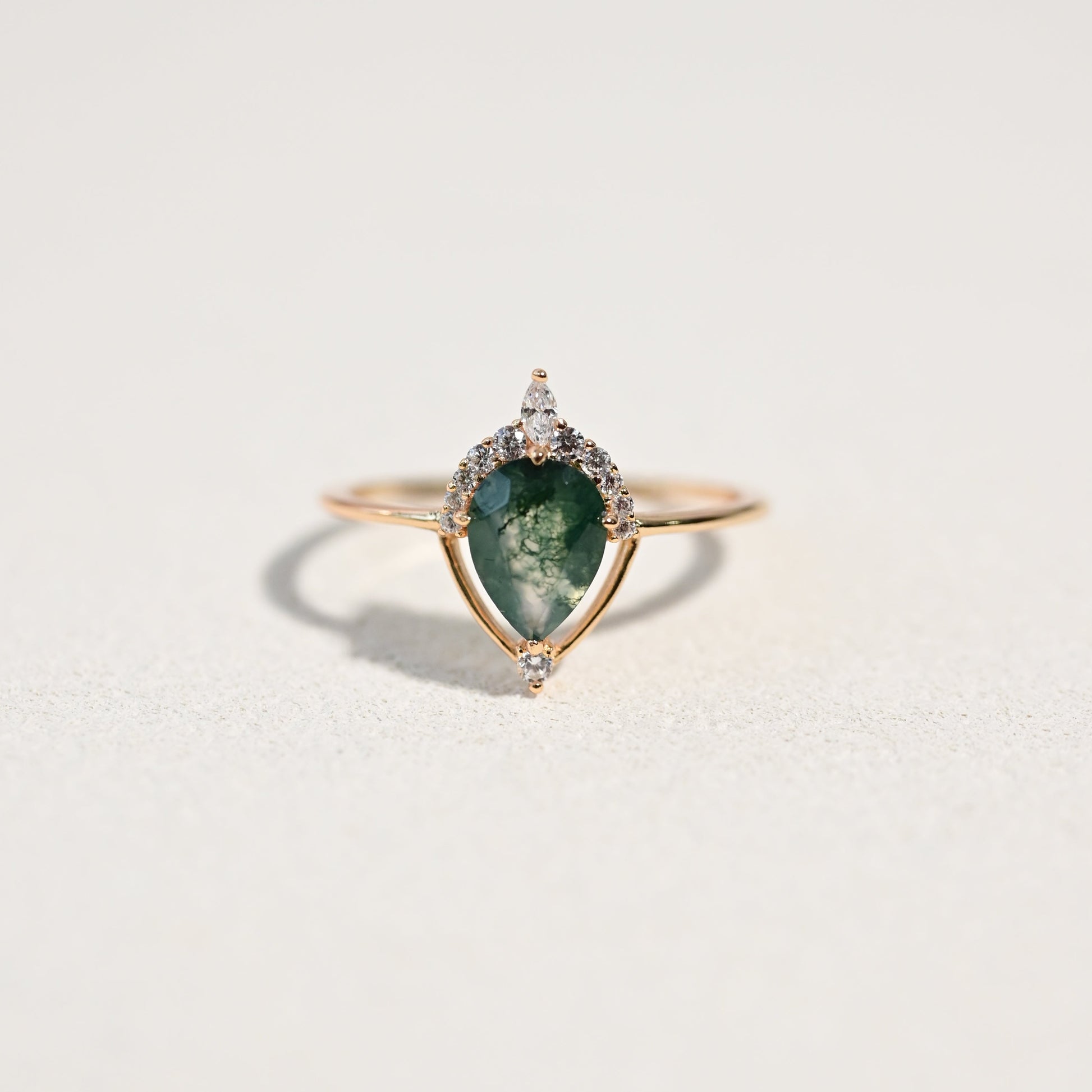 Minimalist Geometric Pear Cut Moss Agate Ring