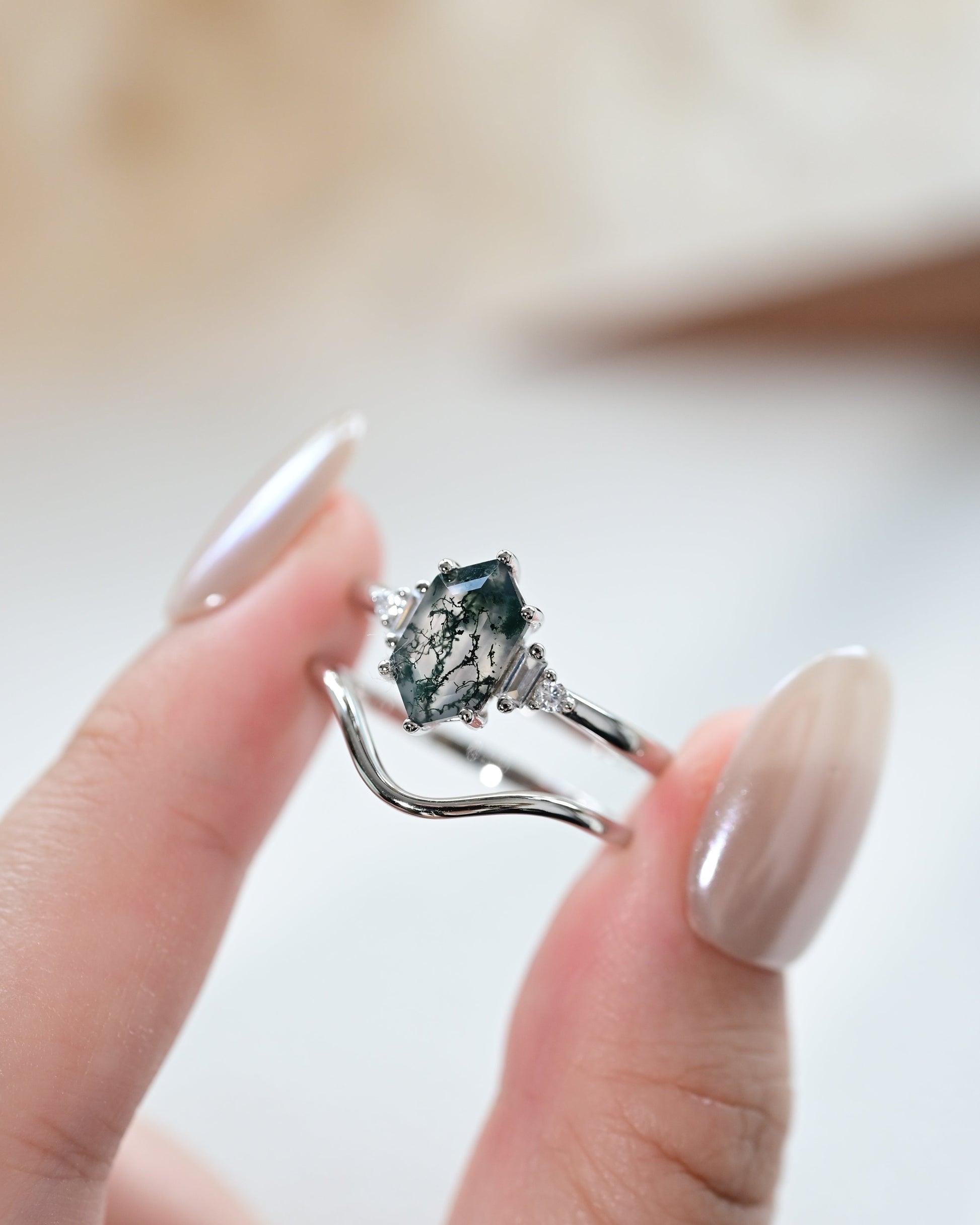 Geometric Minimalist Hexagon Cut Moss Agate Ring Set