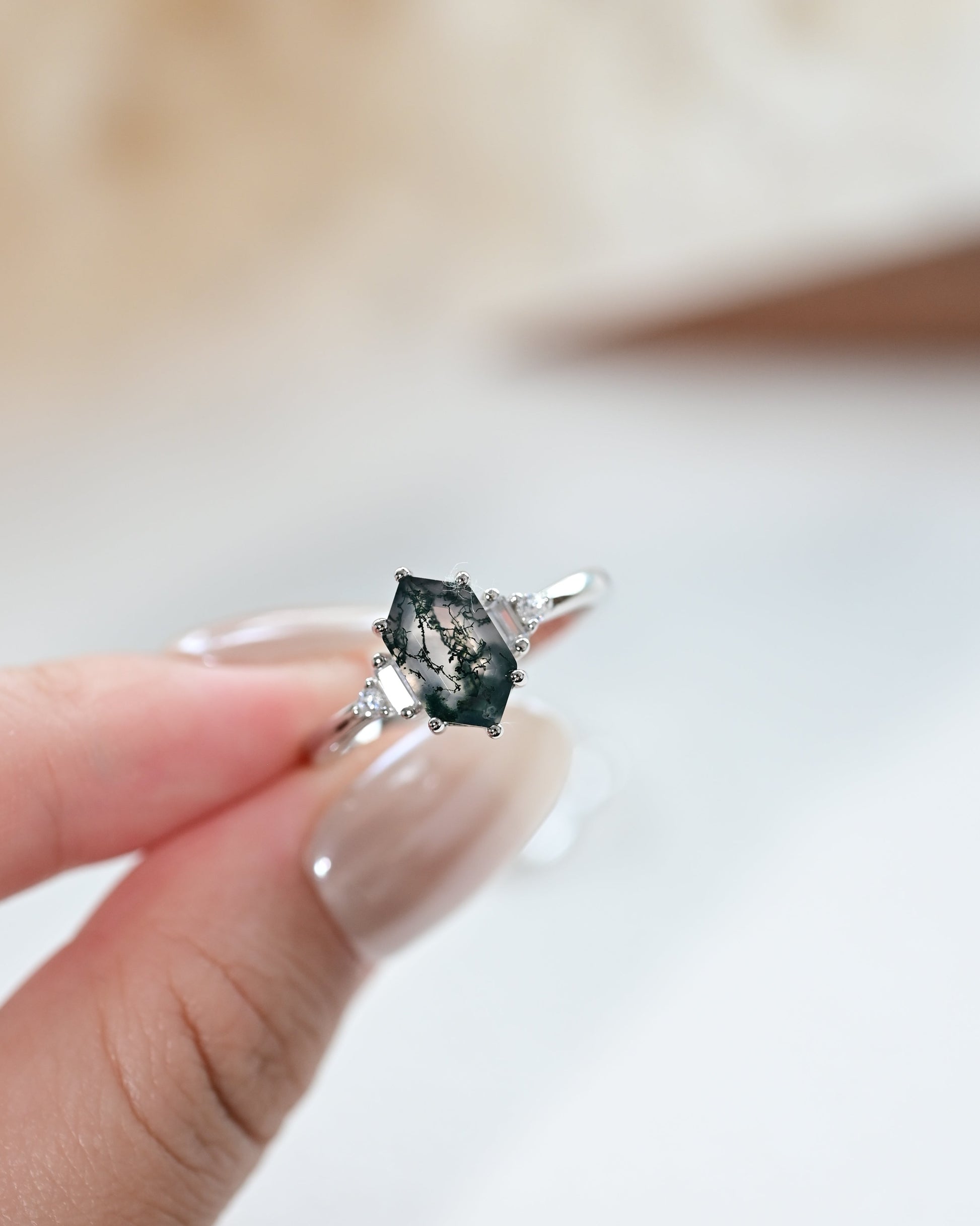Geometric Minimalist Hexagon Cut Moss Agate Ring Set