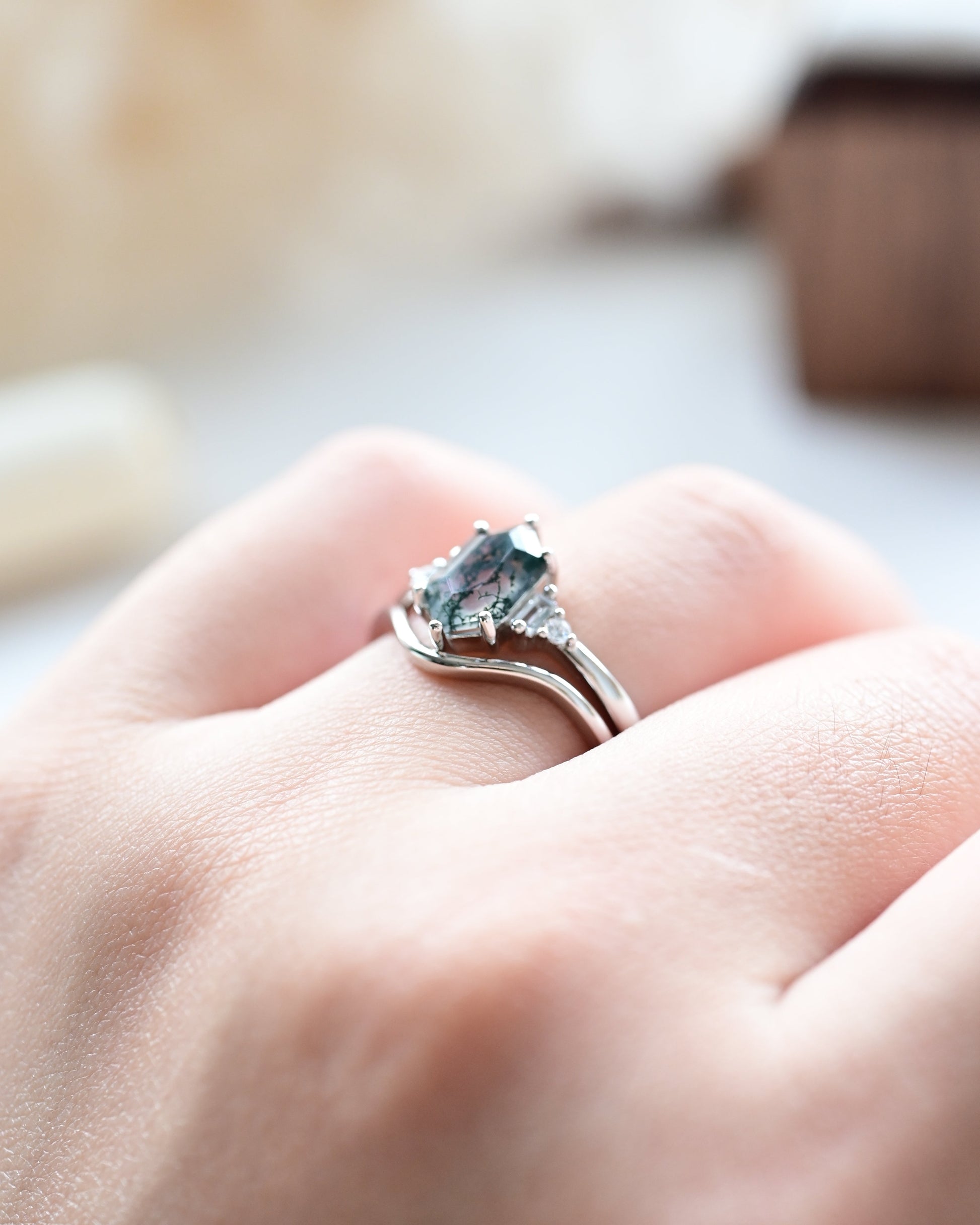 Geometric Minimalist Hexagon Cut Moss Agate Ring Set