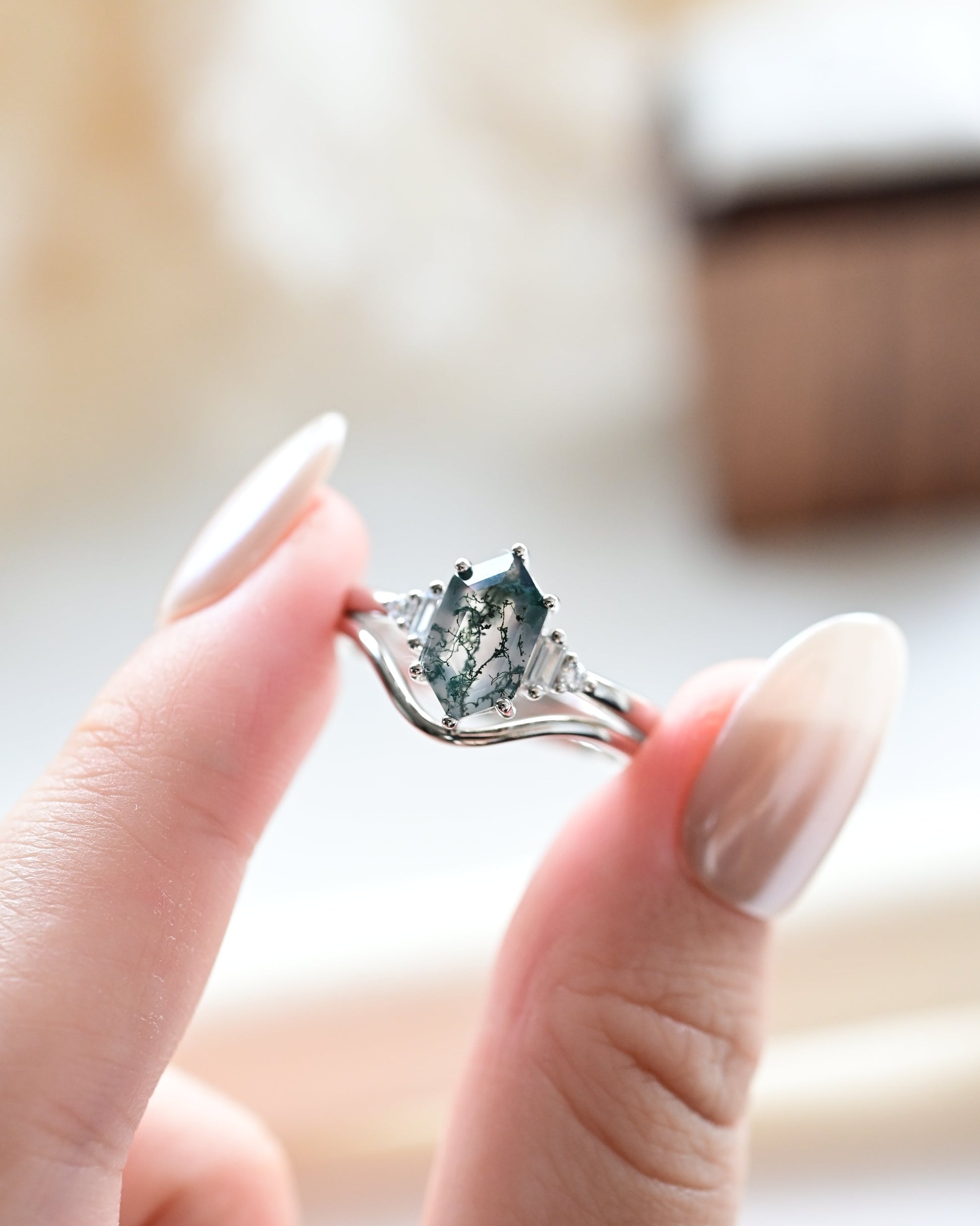 Geometric Minimalist Hexagon Cut Moss Agate Ring Set