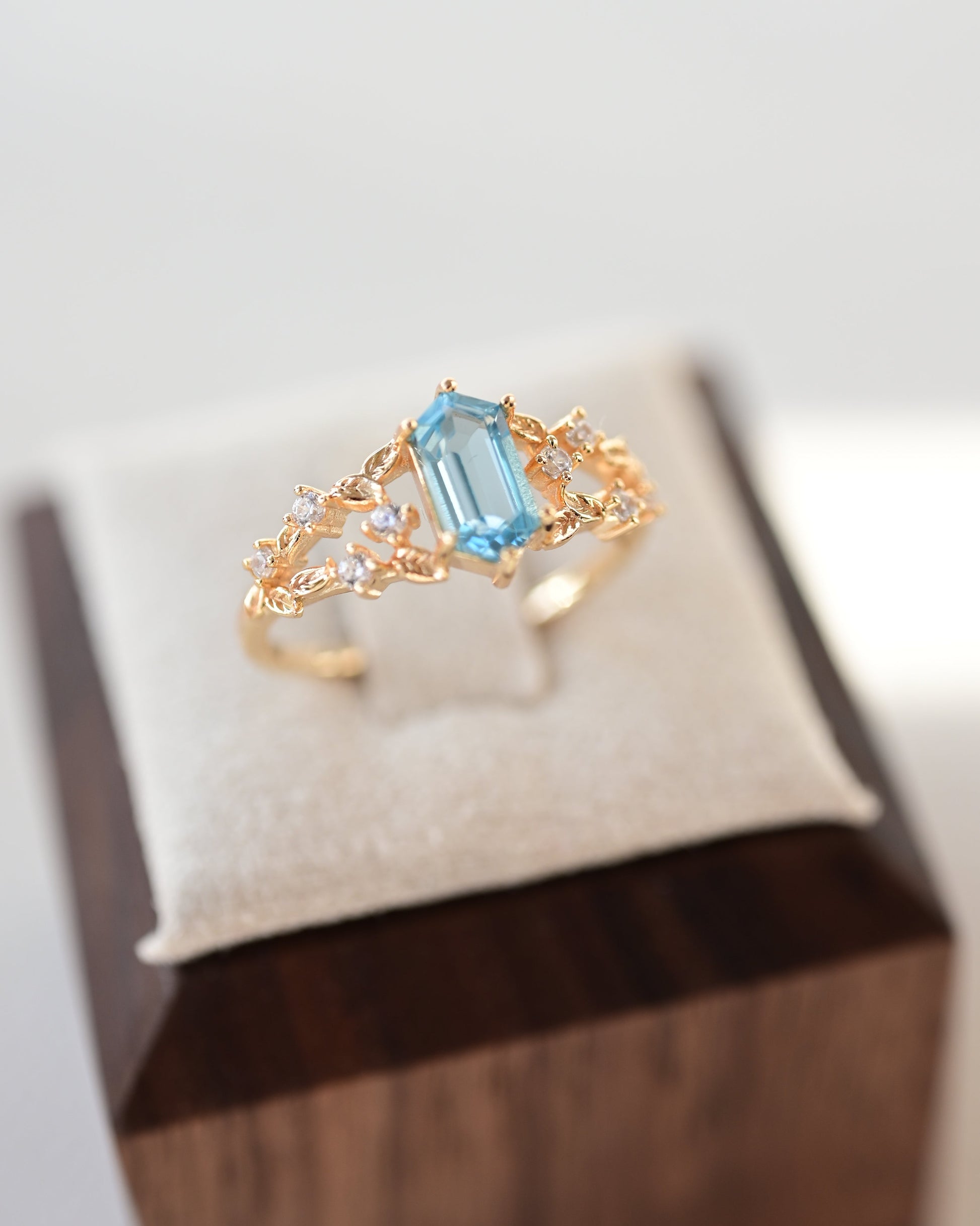 Emerald Cut London Blue Topaz Leaf Ring
